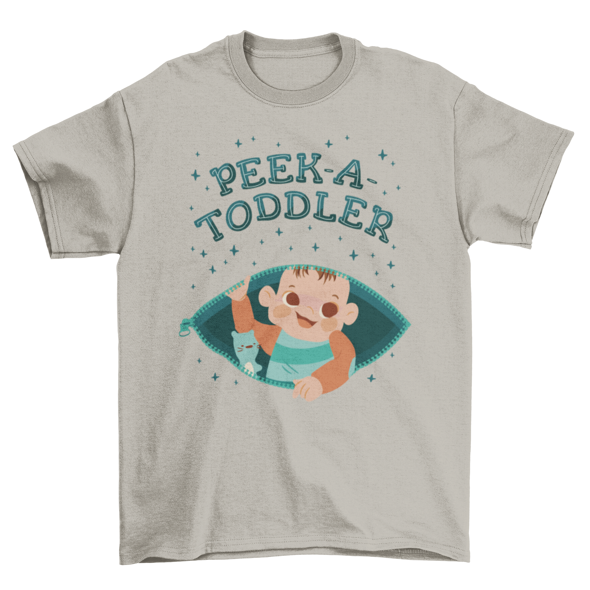 Pregnant mom toddler t-shirt featuring a baby inside an open zipper with the quote 'Peek-a-toddler'.