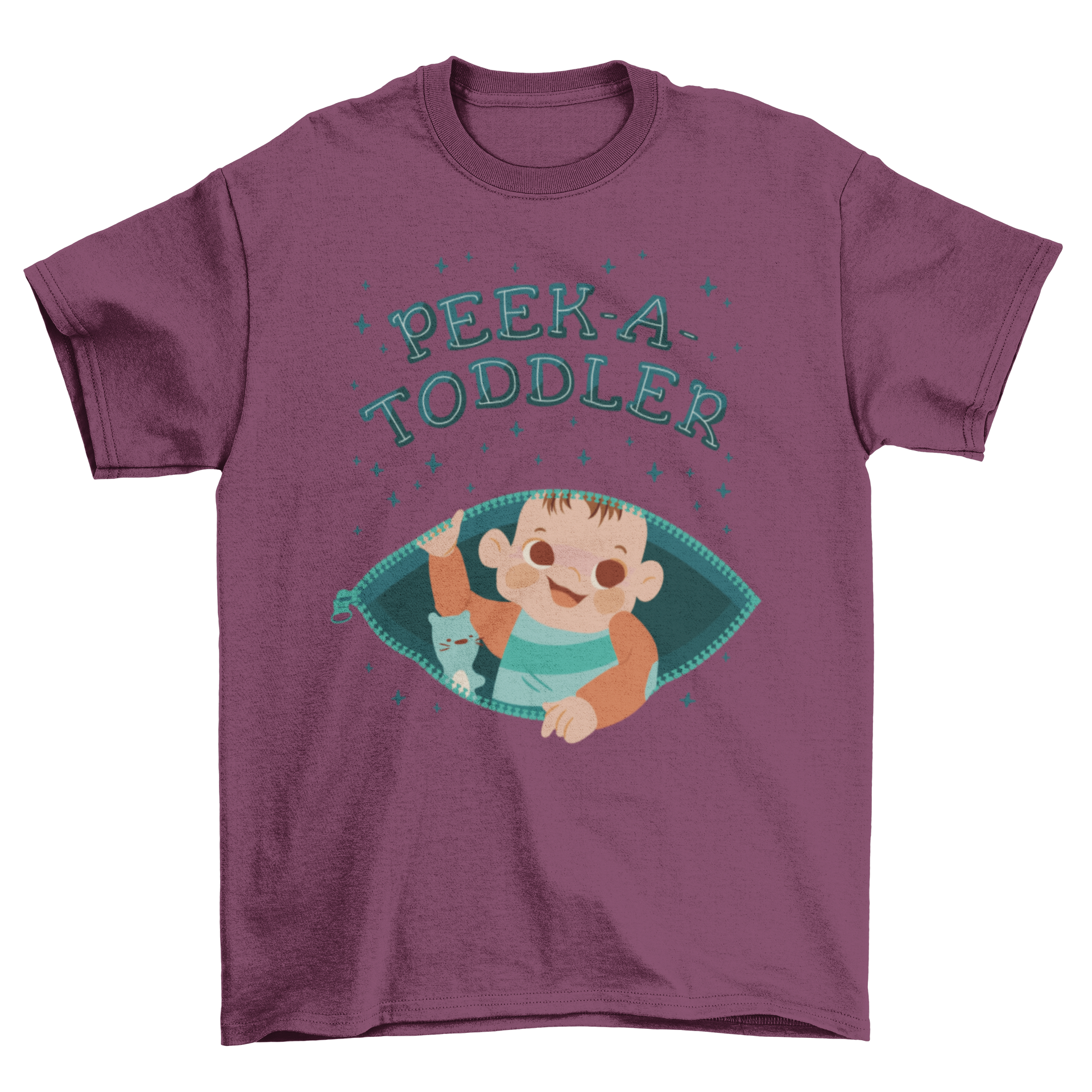 Pregnant mom toddler t-shirt featuring a baby inside an open zipper with the quote 'Peek-a-toddler'.