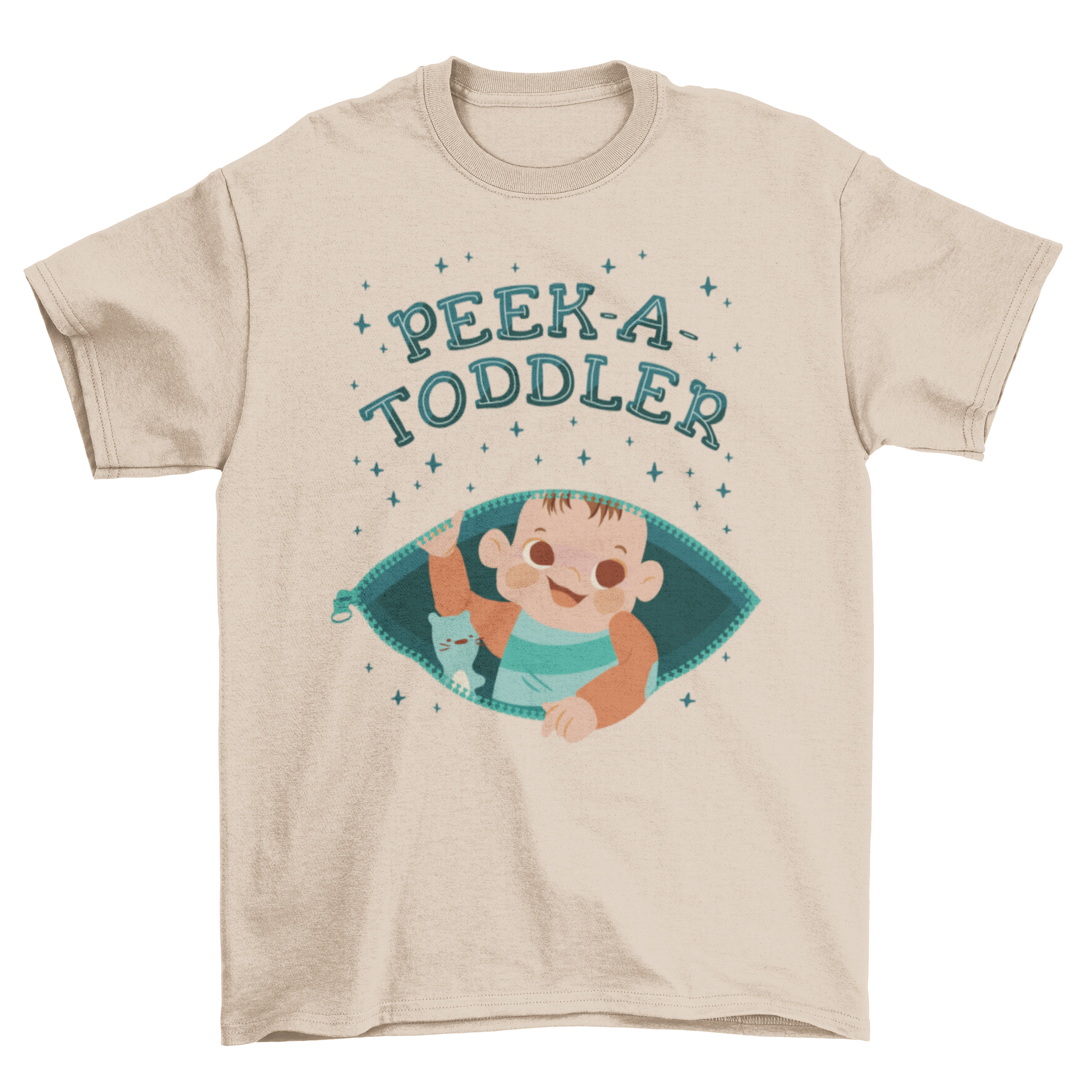 Pregnant mom toddler t-shirt featuring a baby inside an open zipper with the quote 'Peek-a-toddler'.