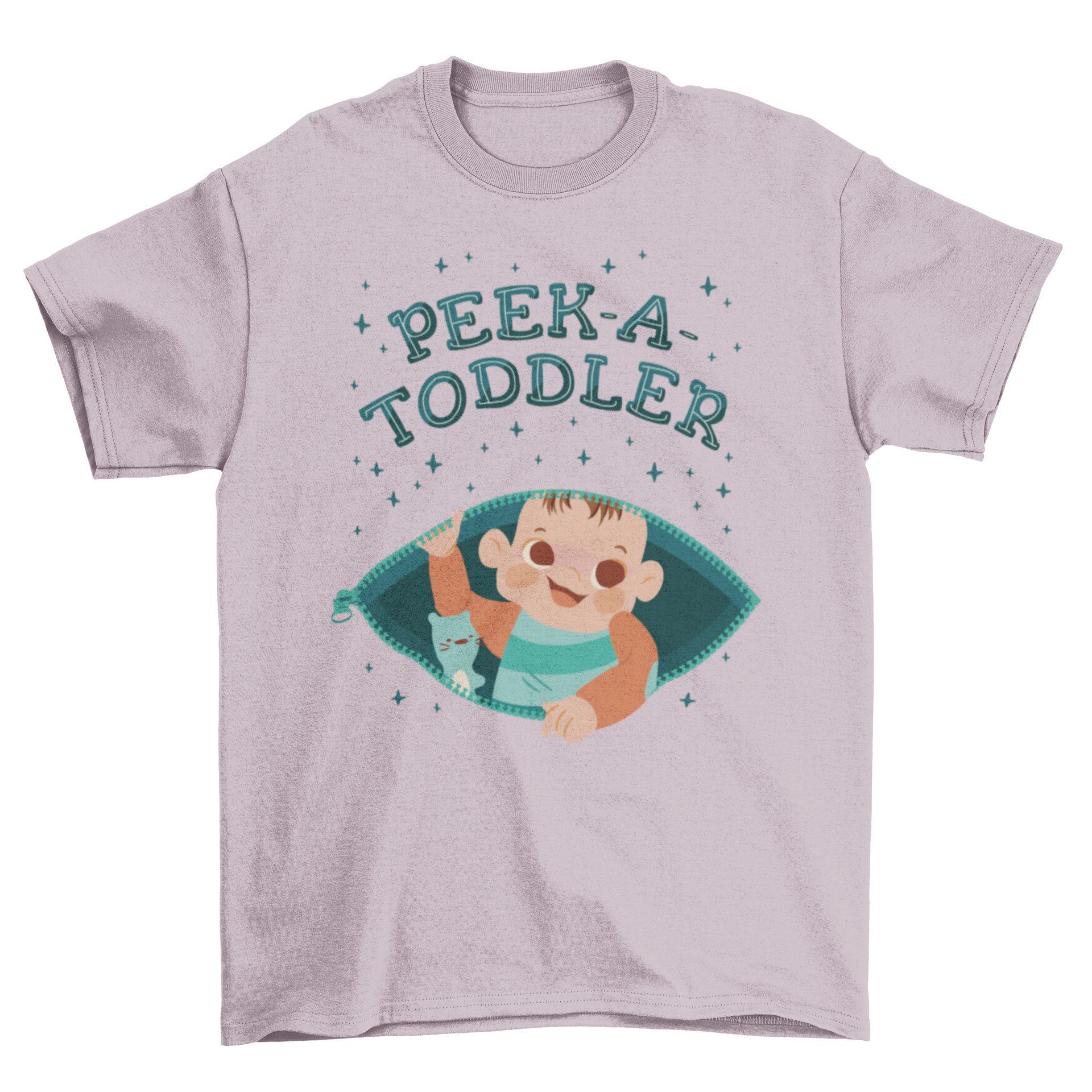 Pregnant mom toddler t-shirt featuring a baby inside an open zipper with the quote 'Peek-a-toddler'.