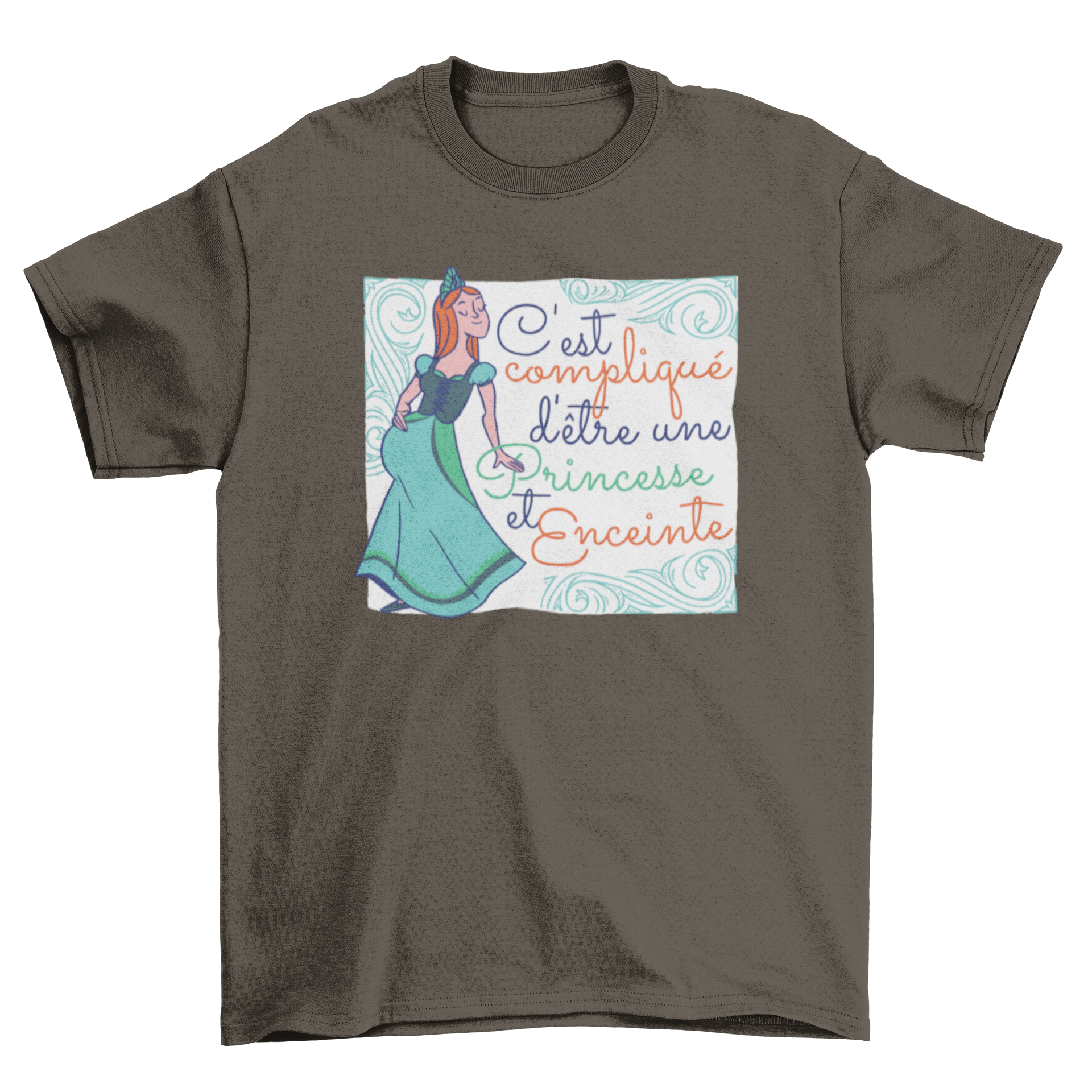 Pregnant princess t-shirt featuring a girl in a crown and dress with a humorous quote.