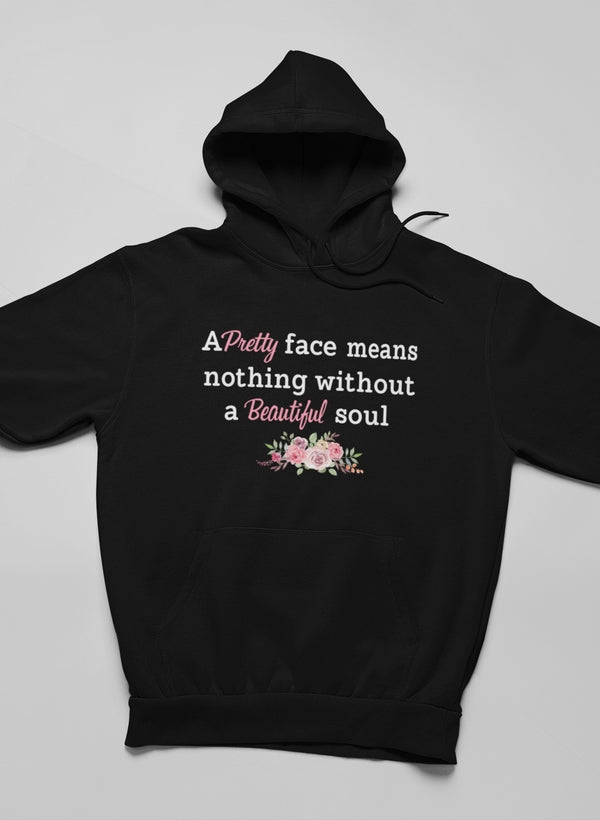 Pretty Face Hoodie featuring unique artistic designs, adjustable hood, and cozy fleece lining.