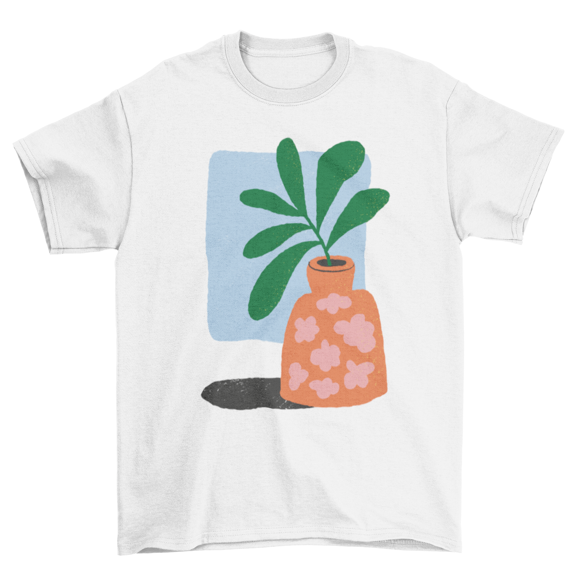 A stylish t-shirt featuring a colorful plant in an orange vase design, perfect for nature lovers.