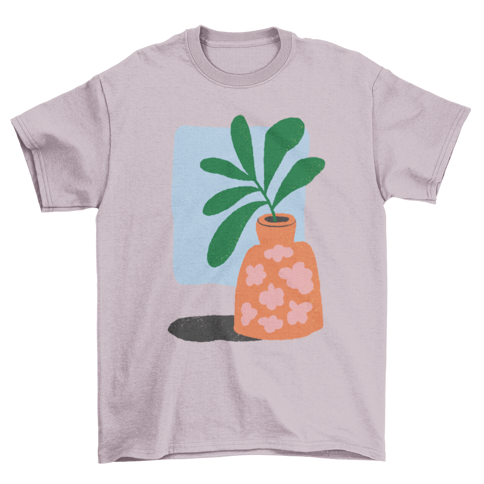 A stylish t-shirt featuring a colorful plant in an orange vase design, perfect for nature lovers.