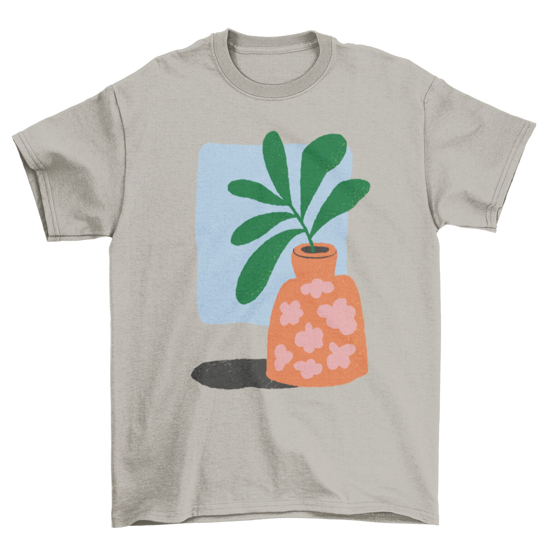 A stylish t-shirt featuring a colorful plant in an orange vase design, perfect for nature lovers.