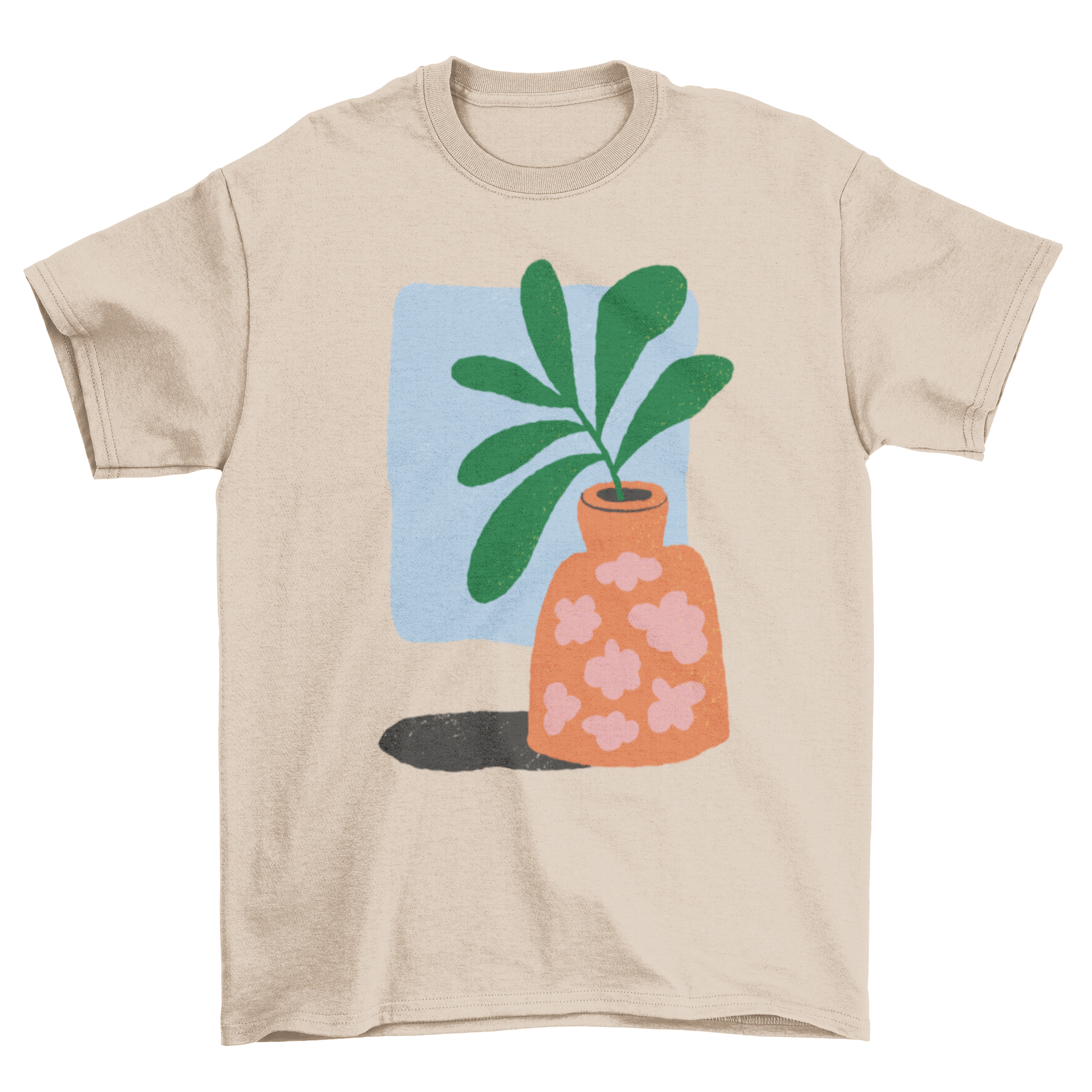 A stylish t-shirt featuring a colorful plant in an orange vase design, perfect for nature lovers.