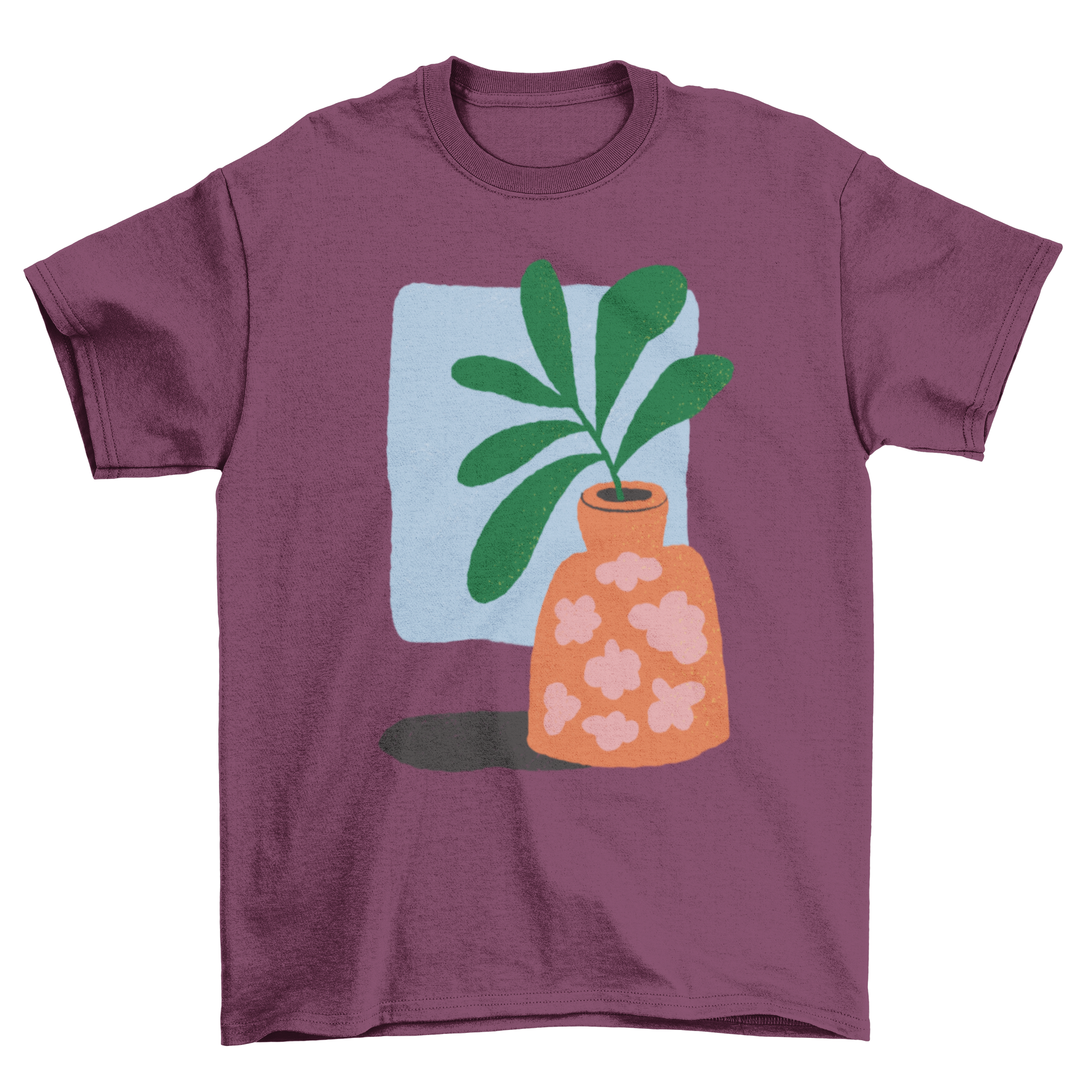 A stylish t-shirt featuring a colorful plant in an orange vase design, perfect for nature lovers.