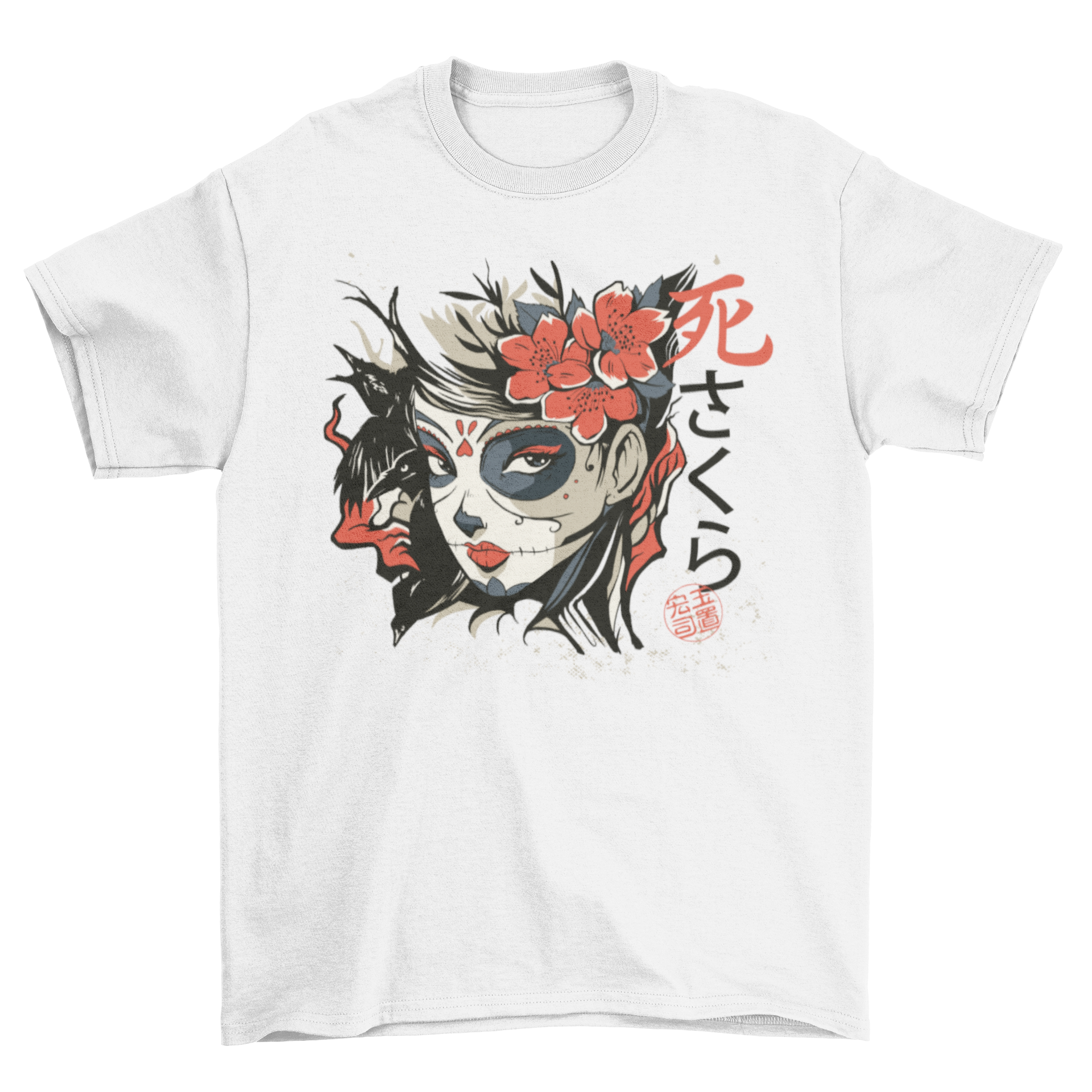 A stylish t-shirt featuring an Asian girl with vibrant sugar skull makeup, showcasing intricate designs and colors.