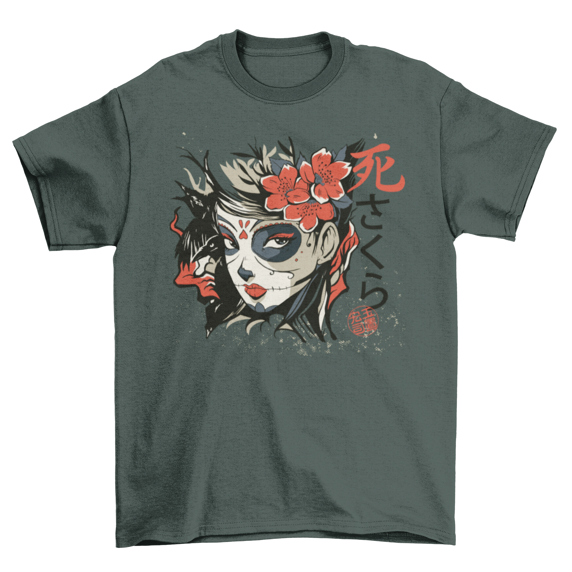 A stylish t-shirt featuring an Asian girl with vibrant sugar skull makeup, showcasing intricate designs and colors.