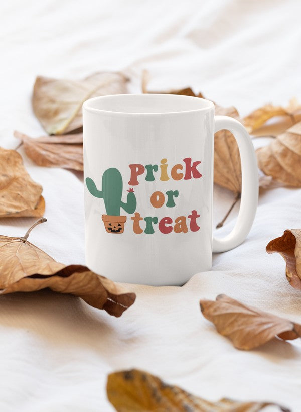 A stylish Prick Or Treat Mug featuring a fun Halloween design, made of high-quality ceramic with a glossy finish and sturdy handle.