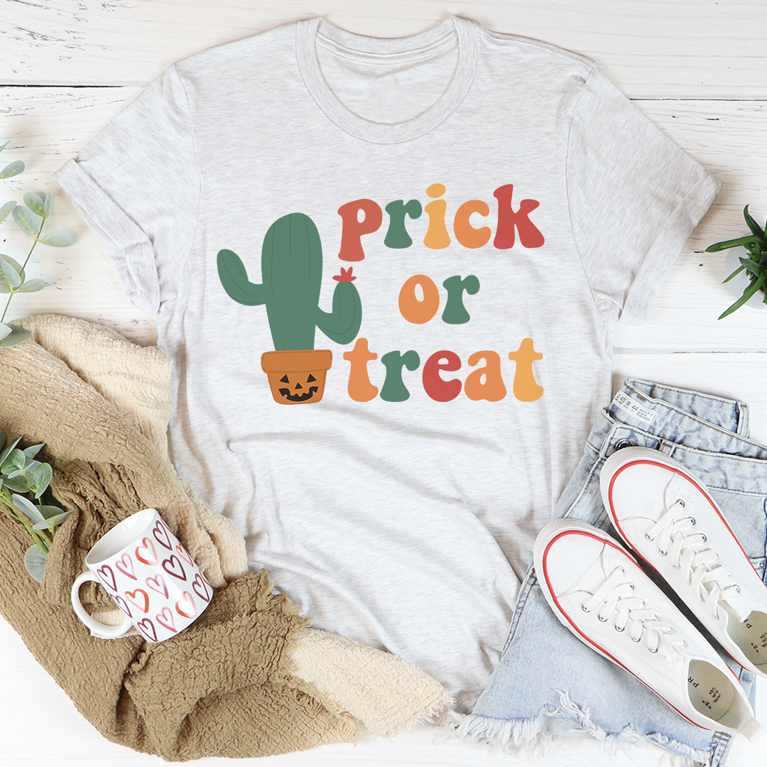 A comfortable Prick Or Treat T-Shirt made from soft ring-spun cotton, featuring a playful Halloween design.