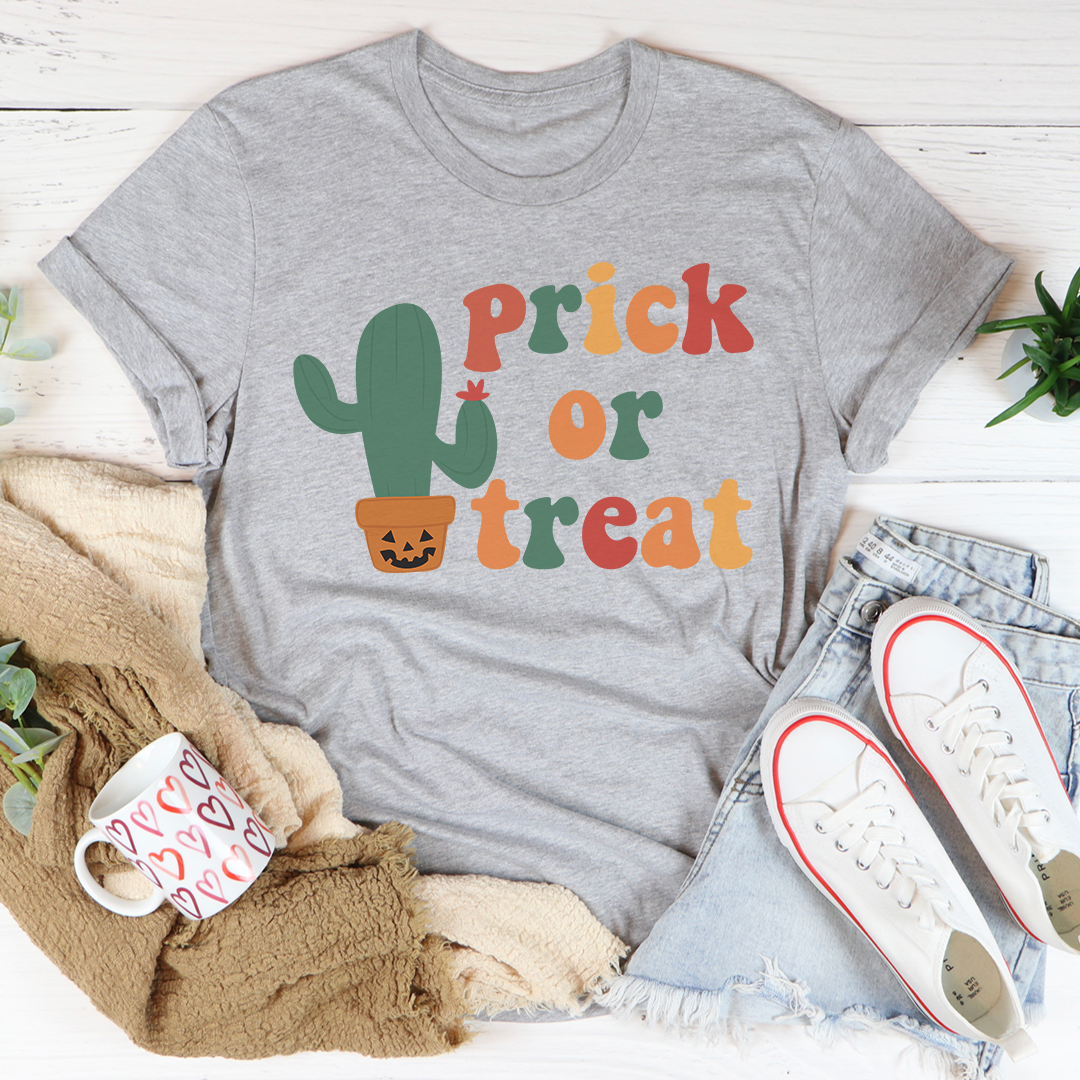 A comfortable Prick Or Treat T-Shirt made from soft ring-spun cotton, featuring a playful Halloween design.