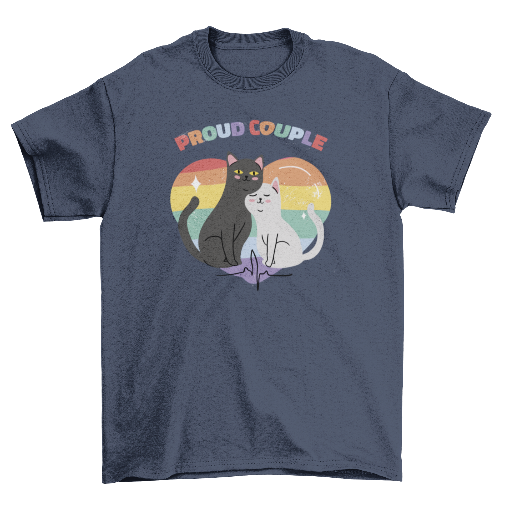 Pride couple cats t-shirt featuring two cute cats with a colorful pride heart background and the quote 'Proud couple'.