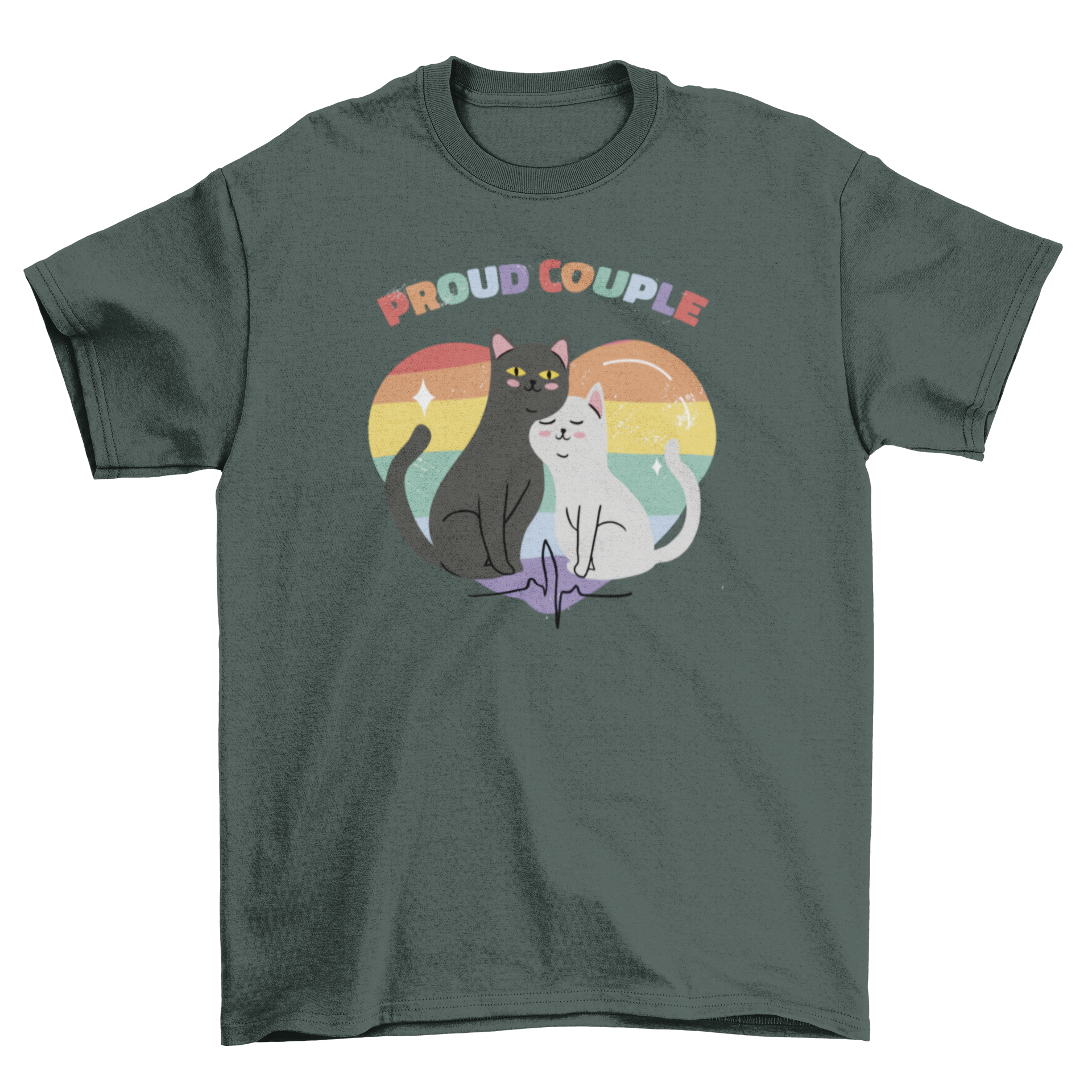 Pride couple cats t-shirt featuring two cute cats with a colorful pride heart background and the quote 'Proud couple'.