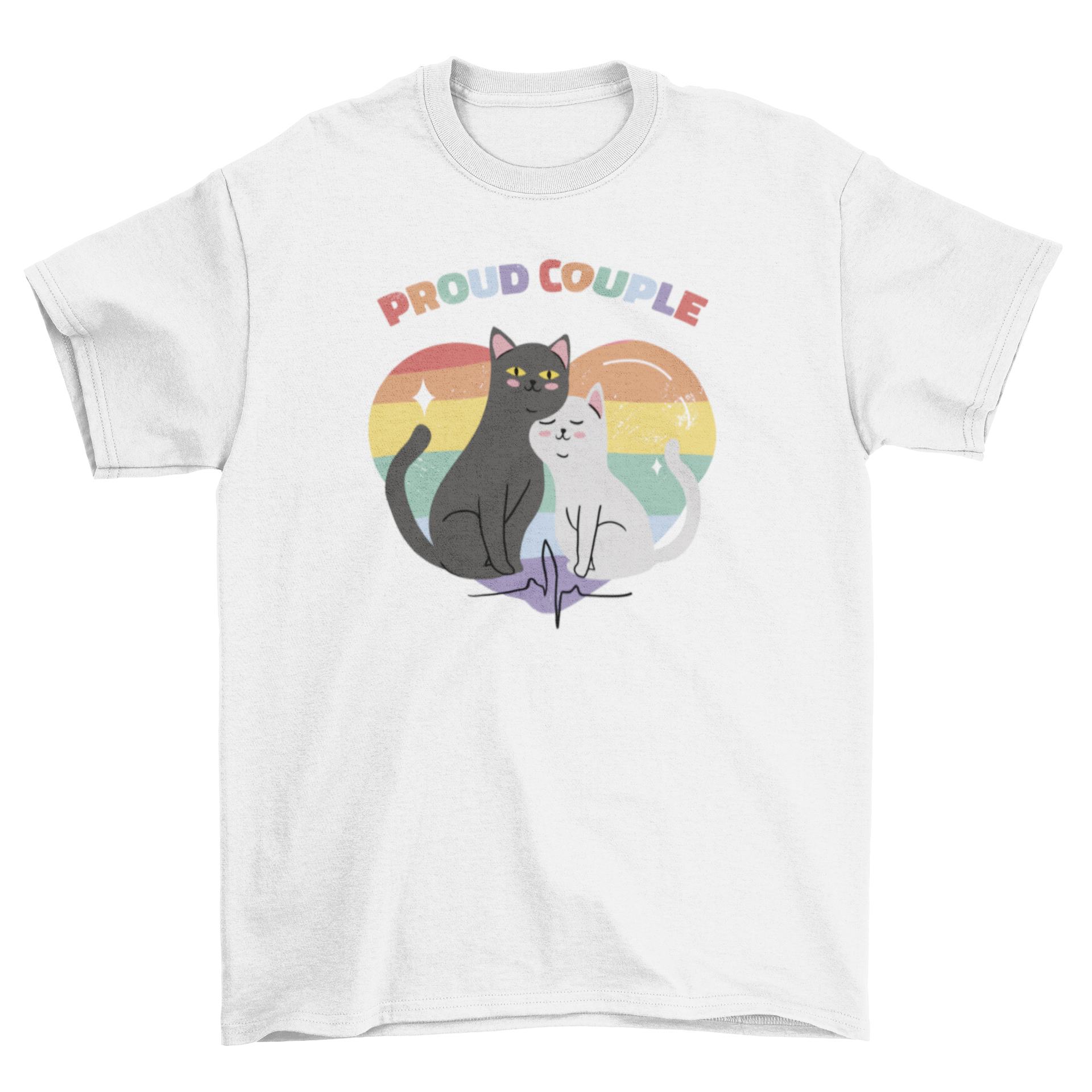 Pride couple cats t-shirt featuring two cute cats with a colorful pride heart background and the quote 'Proud couple'.