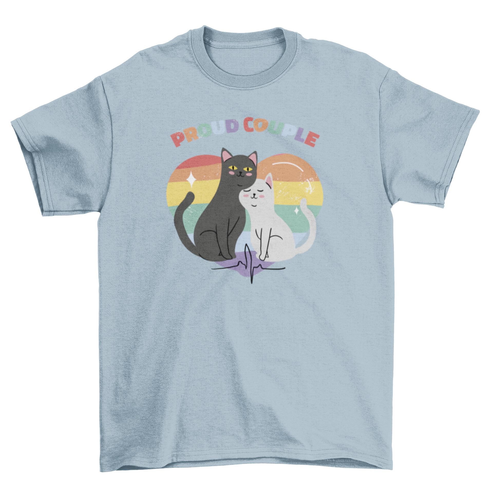 Pride couple cats t-shirt featuring two cute cats with a colorful pride heart background and the quote 'Proud couple'.