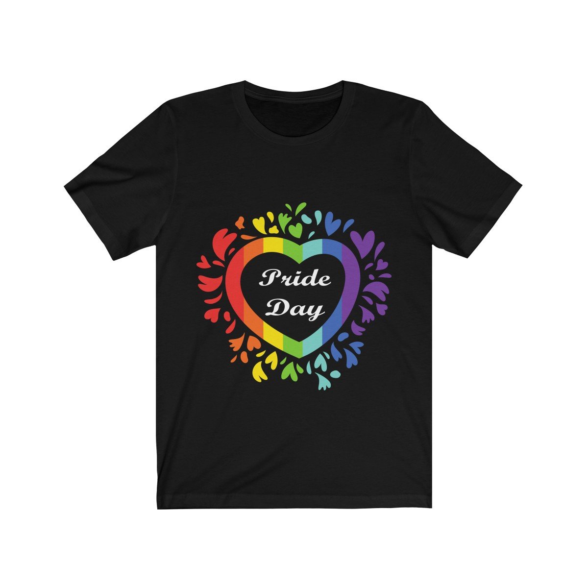 A colorful short sleeve tee featuring a rainbow heart design, symbolizing love and pride, made from soft cotton fabric.