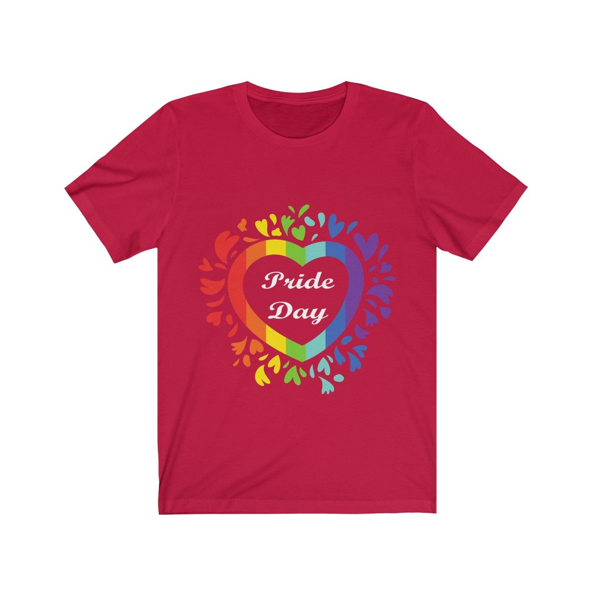 A colorful short sleeve tee featuring a rainbow heart design, symbolizing love and pride, made from soft cotton fabric.