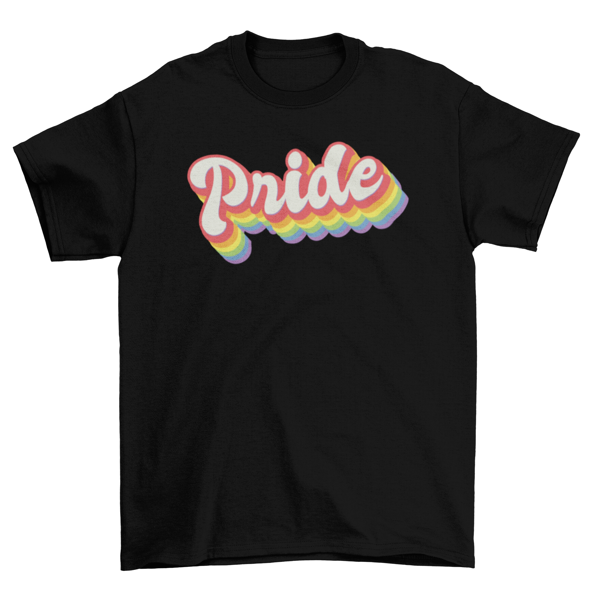 A vibrant retro t-shirt featuring the word 'Pride' in rainbow colors, symbolizing support for the LGBTQ+ community.