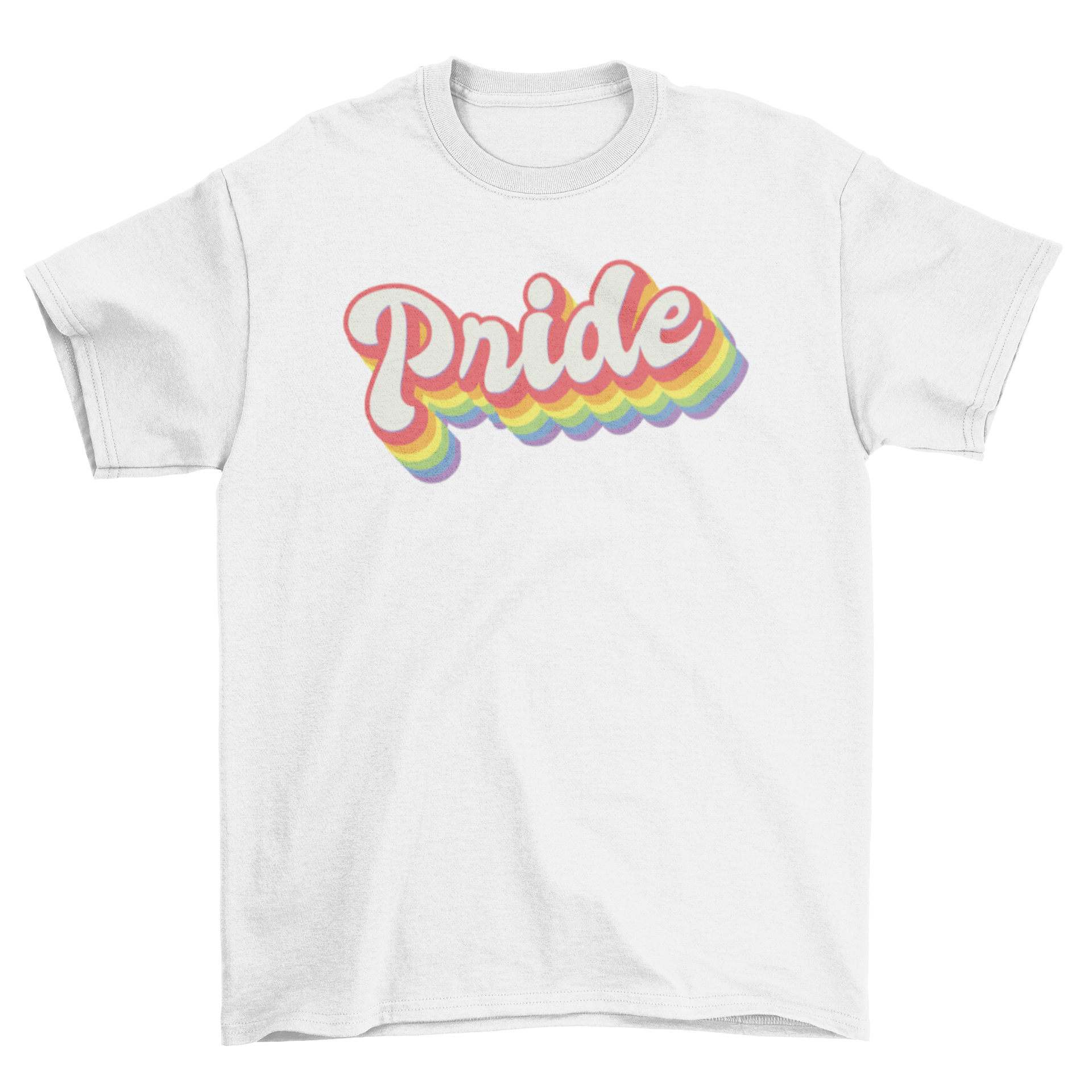 A vibrant retro t-shirt featuring the word 'Pride' in rainbow colors, symbolizing support for the LGBTQ+ community.