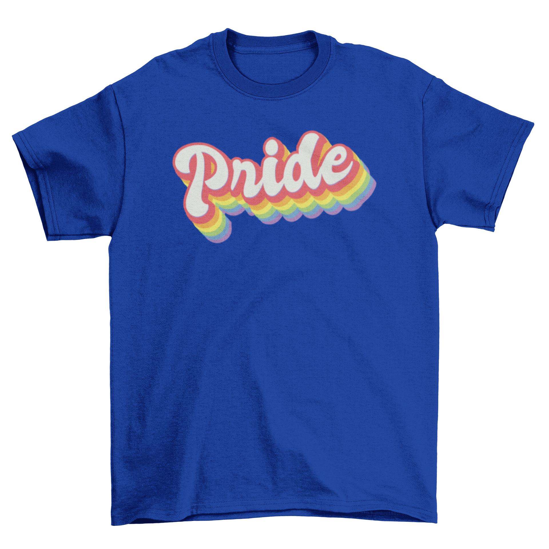 A vibrant retro t-shirt featuring the word 'Pride' in rainbow colors, symbolizing support for the LGBTQ+ community.