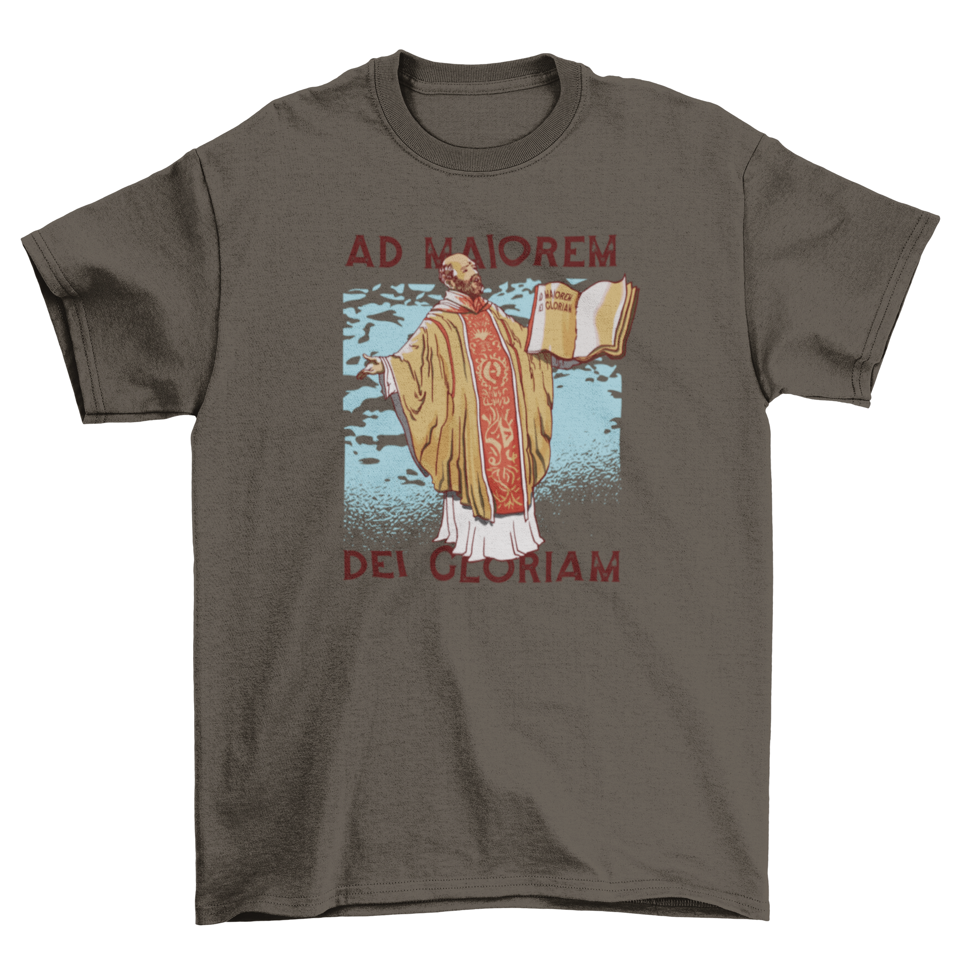 A stylish t-shirt featuring a priest holding an open book with the quote 'Ad maiorem Dei gloriam'.