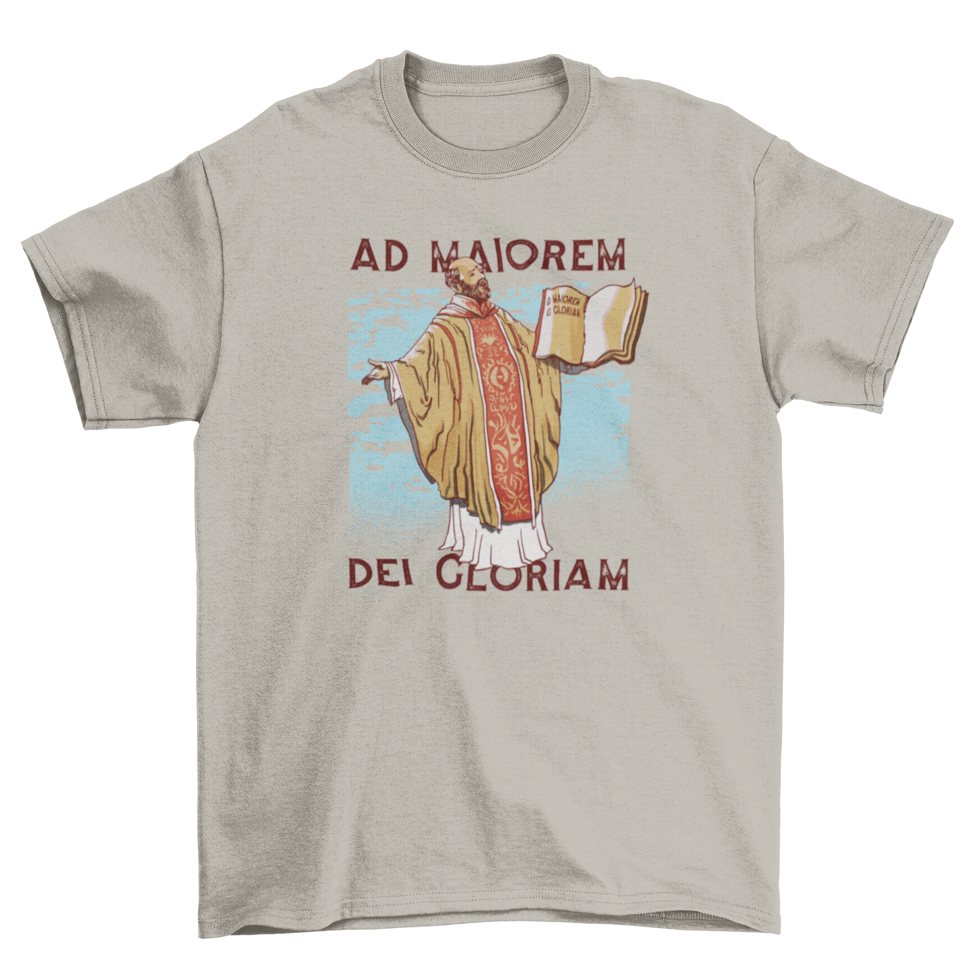 A stylish t-shirt featuring a priest holding an open book with the quote 'Ad maiorem Dei gloriam'.