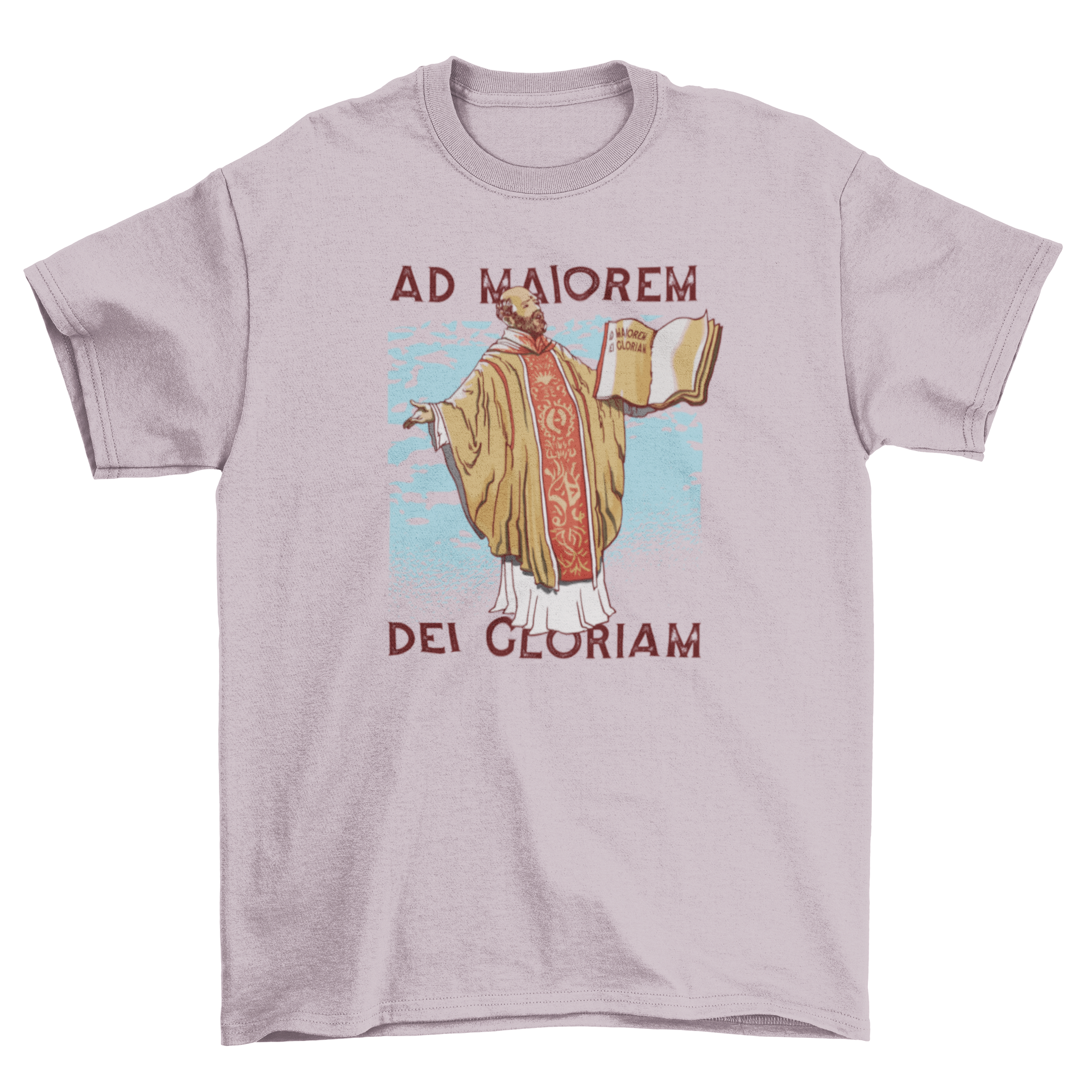 A stylish t-shirt featuring a priest holding an open book with the quote 'Ad maiorem Dei gloriam'.