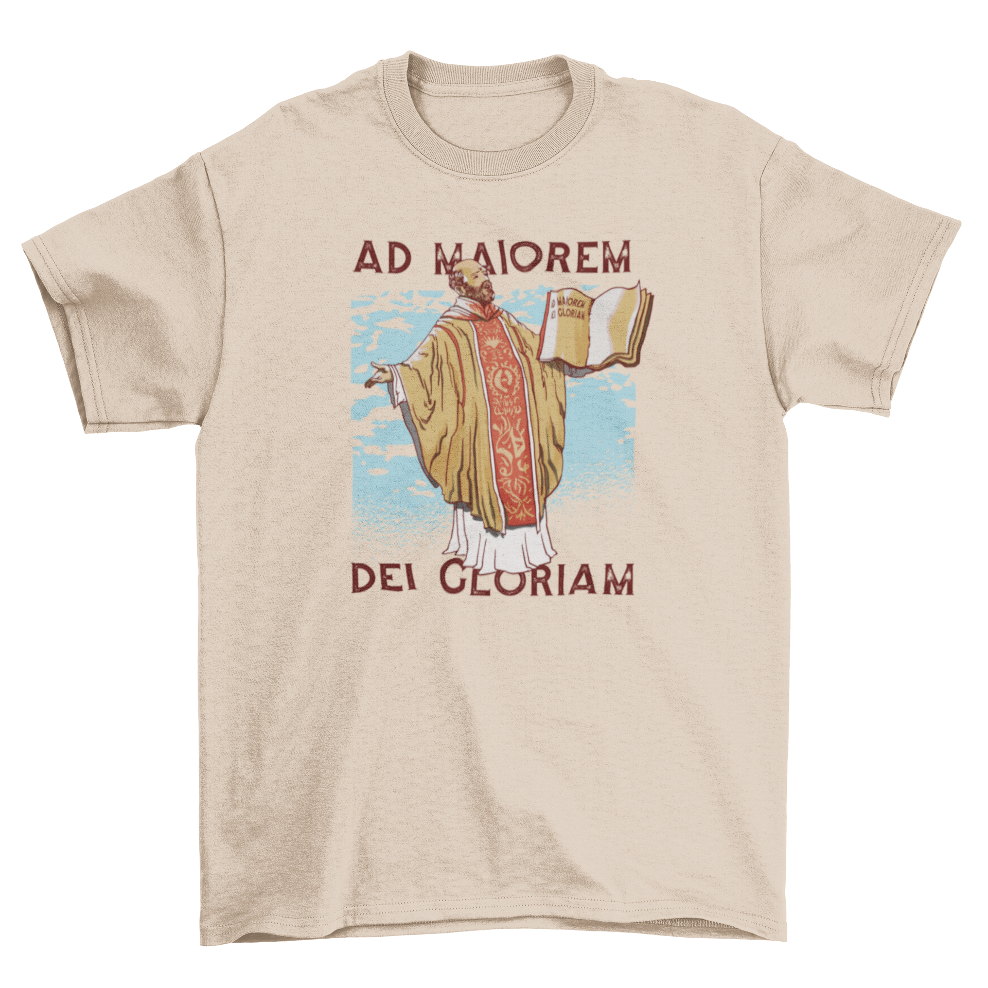 A stylish t-shirt featuring a priest holding an open book with the quote 'Ad maiorem Dei gloriam'.