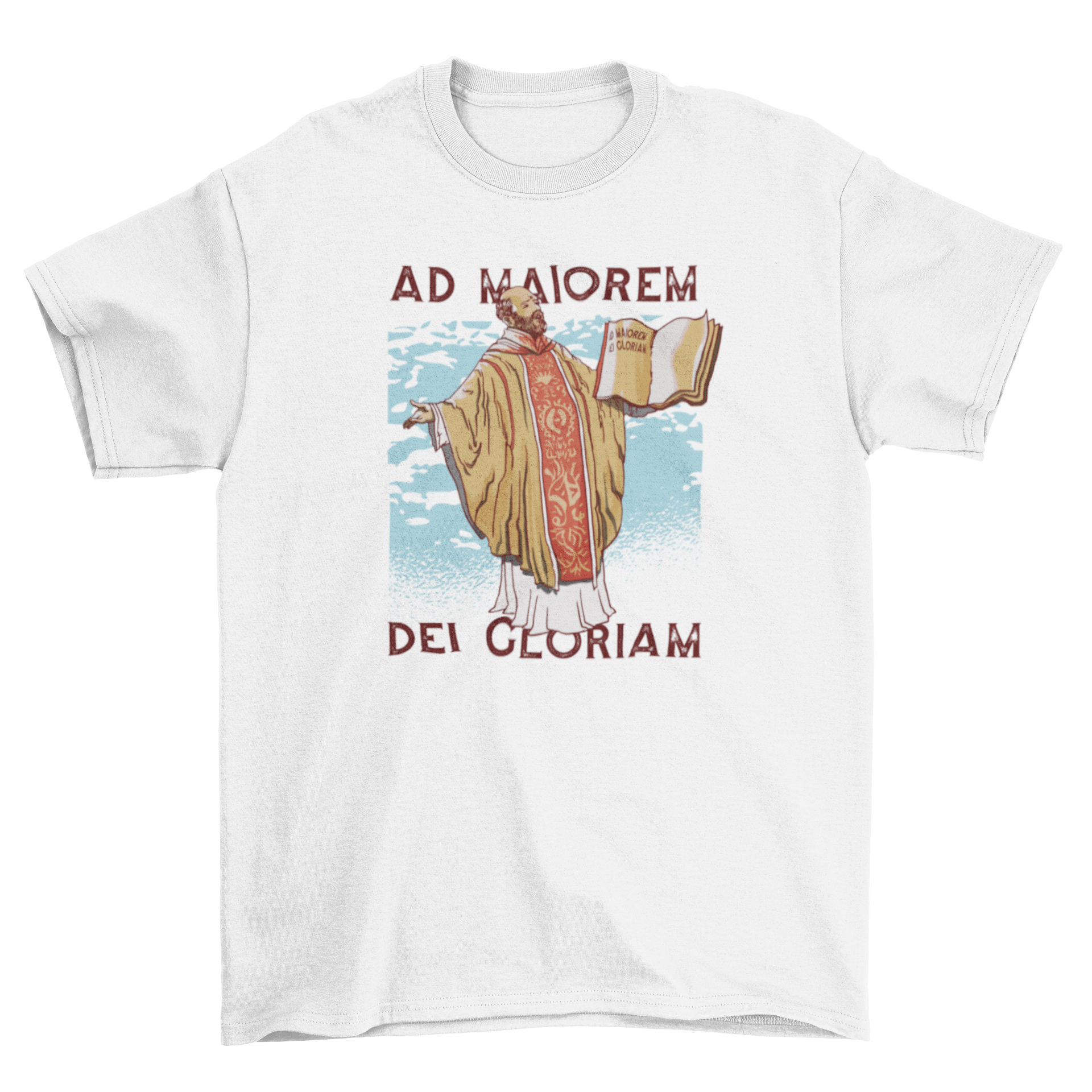 A stylish t-shirt featuring a priest holding an open book with the quote 'Ad maiorem Dei gloriam'.