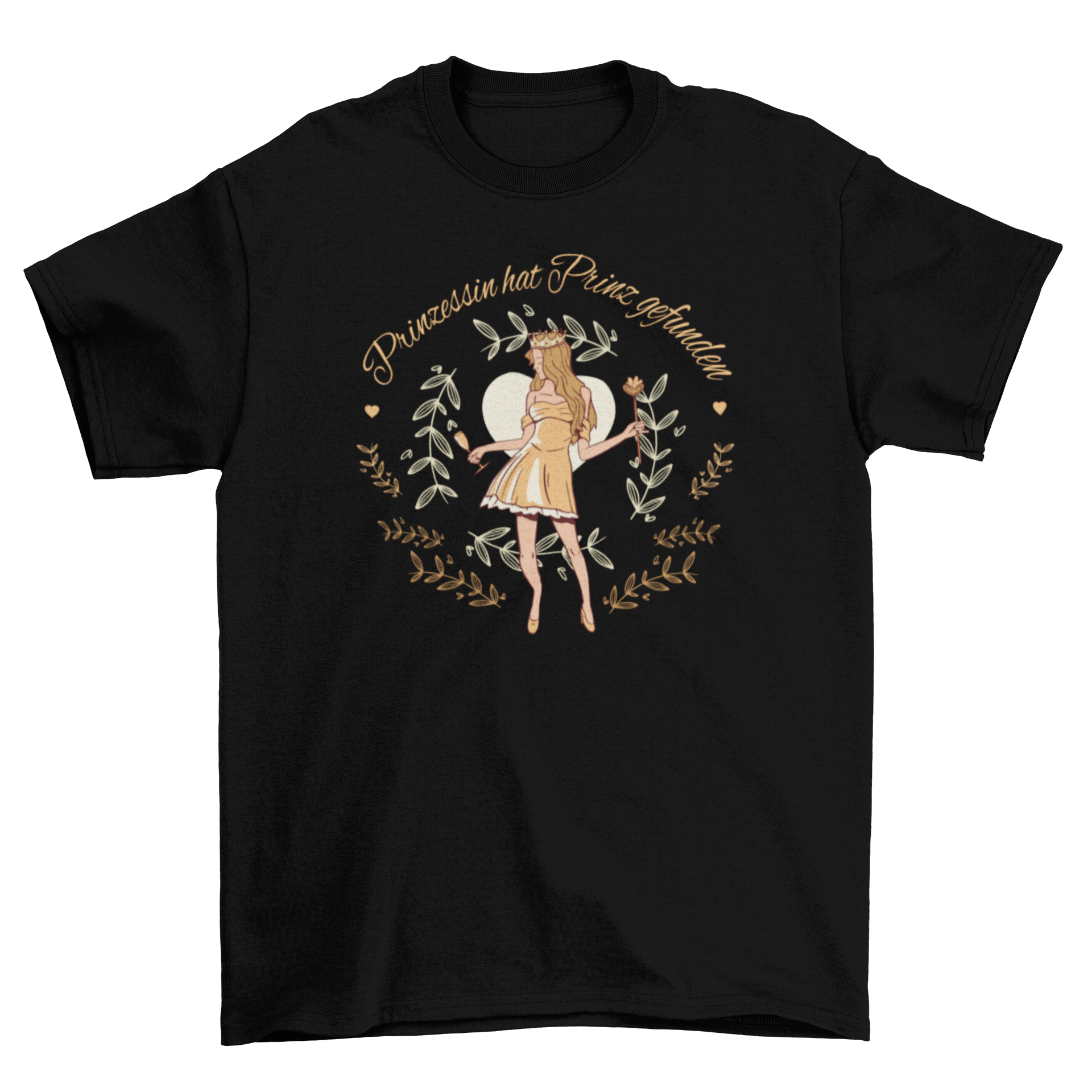 A stylish T-shirt featuring a girl illustration and the German quote 'PRINZESSIN HAT PRINZ GEFUNDEN', symbolizing love and fairy tales.