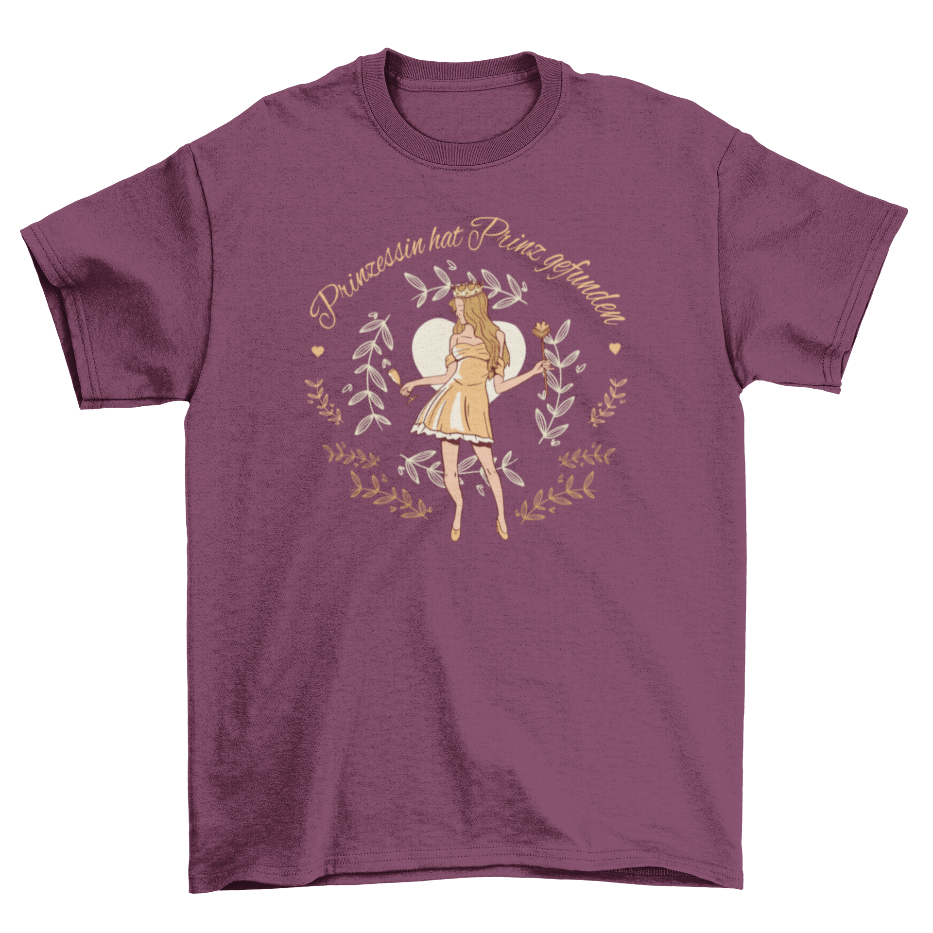 A stylish T-shirt featuring a girl illustration and the German quote 'PRINZESSIN HAT PRINZ GEFUNDEN', symbolizing love and fairy tales.