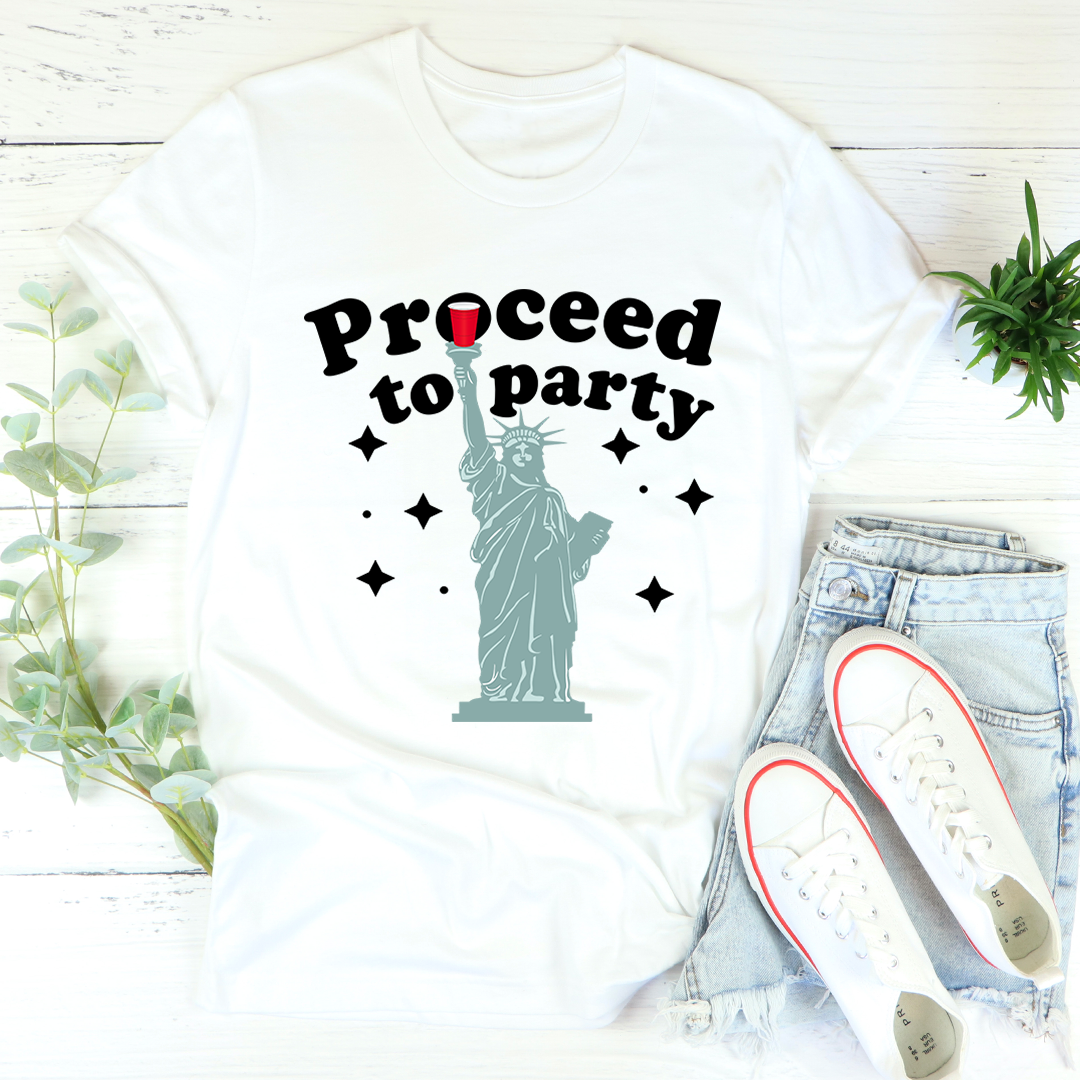 Proceed To Party T-Shirt made from soft ring-spun cotton, featuring double stitching for durability and available in various sizes.