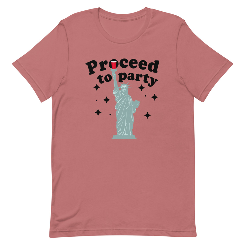 Proceed To Party T-Shirt made from soft ring-spun cotton, featuring double stitching for durability and available in various sizes.