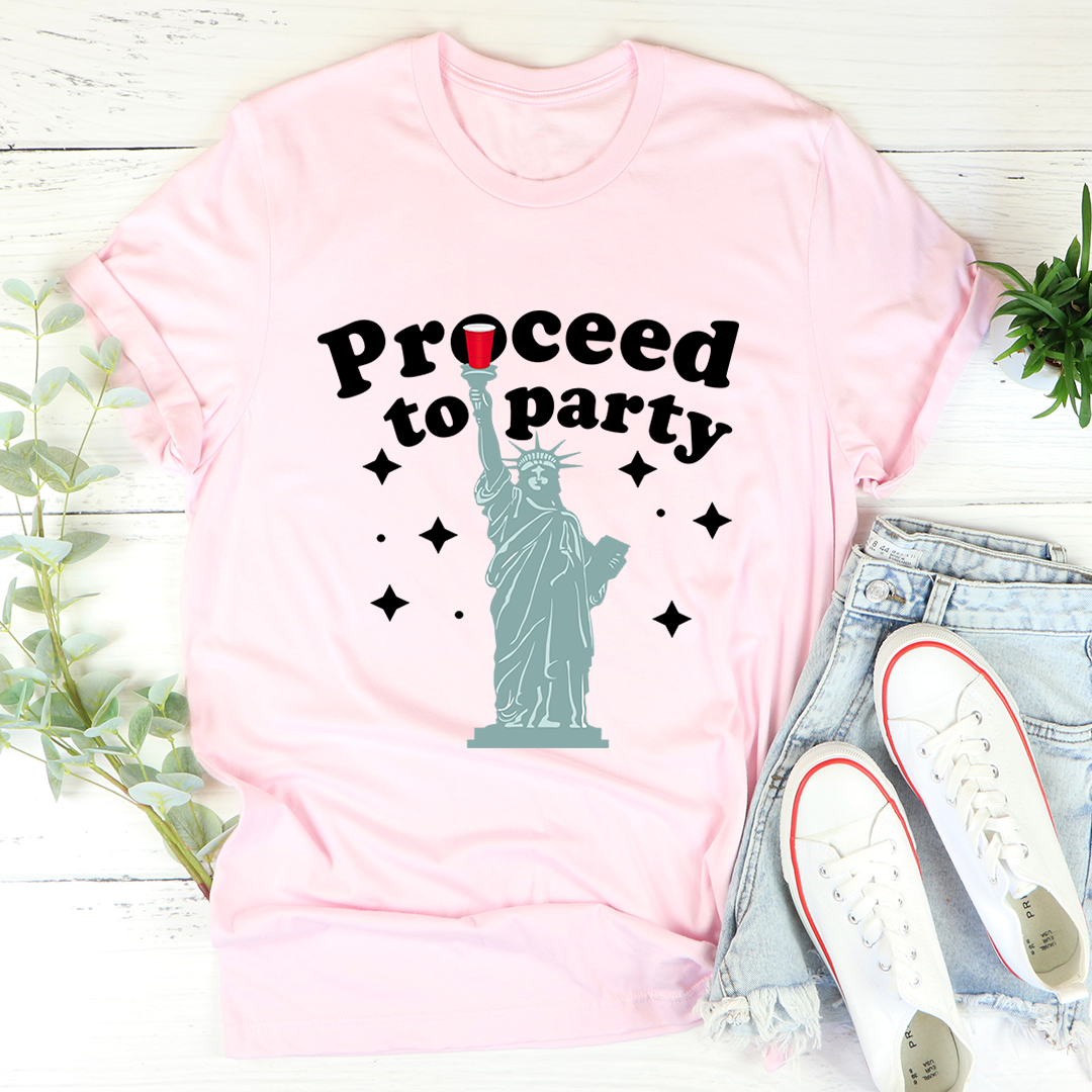 Proceed To Party T-Shirt made from soft ring-spun cotton, featuring double stitching for durability and available in various sizes.