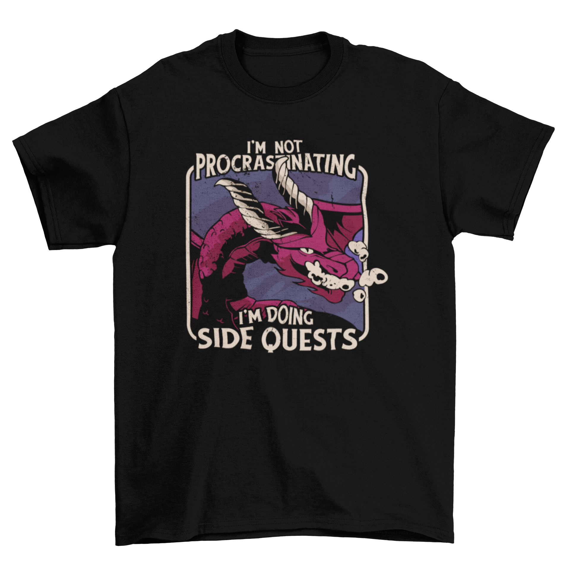 Procrastinating Dragon Gaming T-Shirt featuring a colorful dragon design and humorous quote.