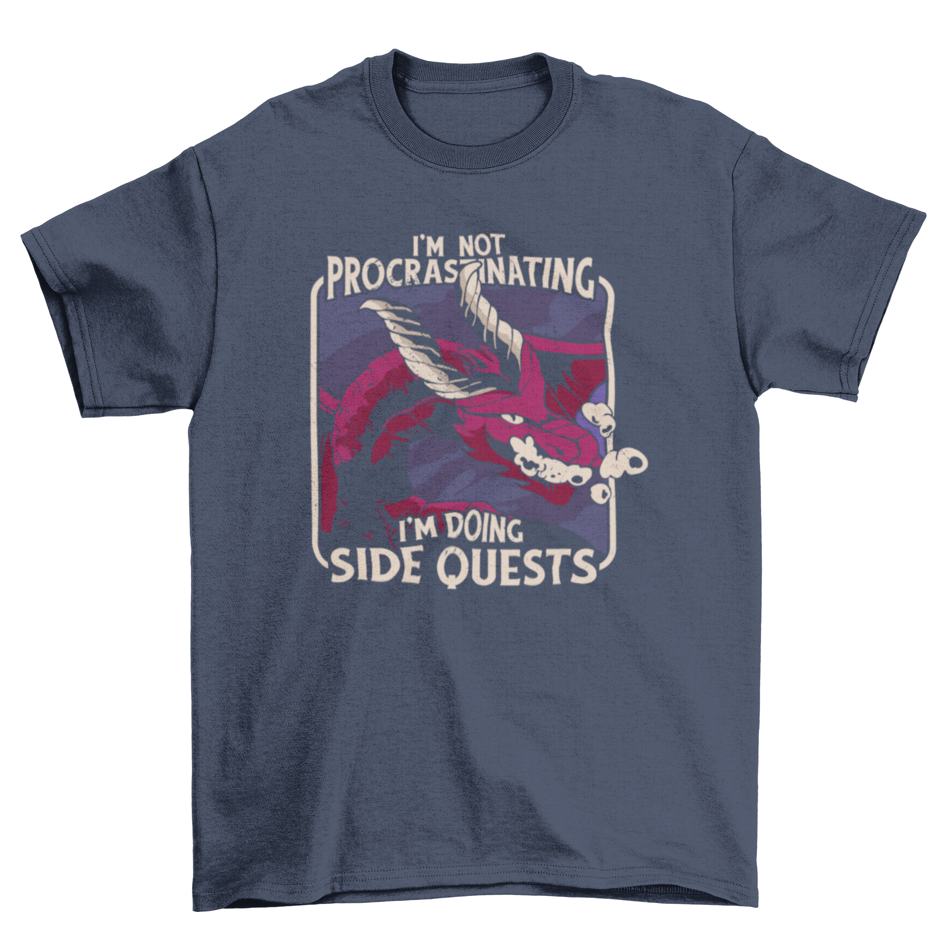 Procrastinating Dragon Gaming T-Shirt featuring a colorful dragon design and humorous quote.