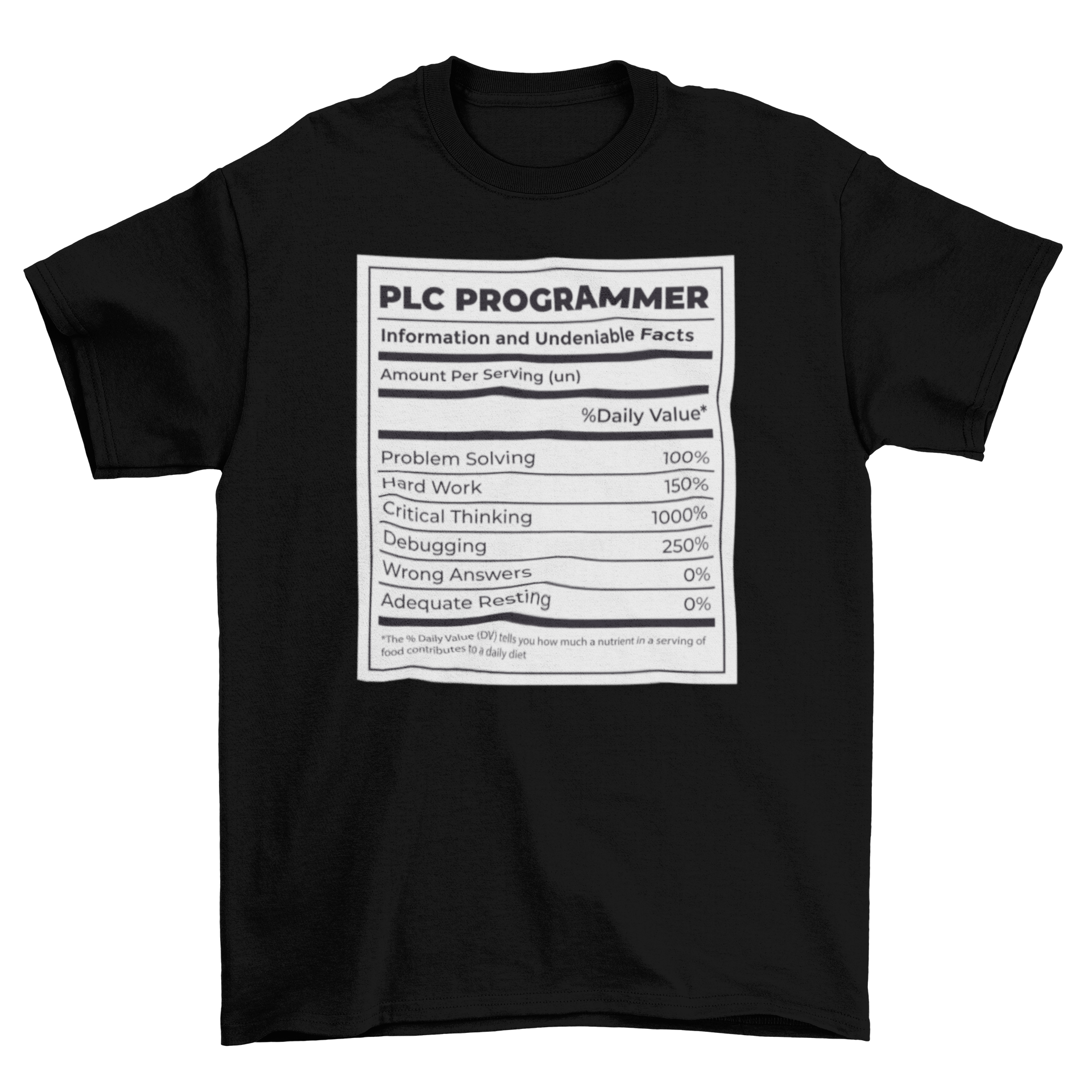 A humorous t-shirt featuring a nutrition facts label designed for PLC programmers, showcasing programming elements.