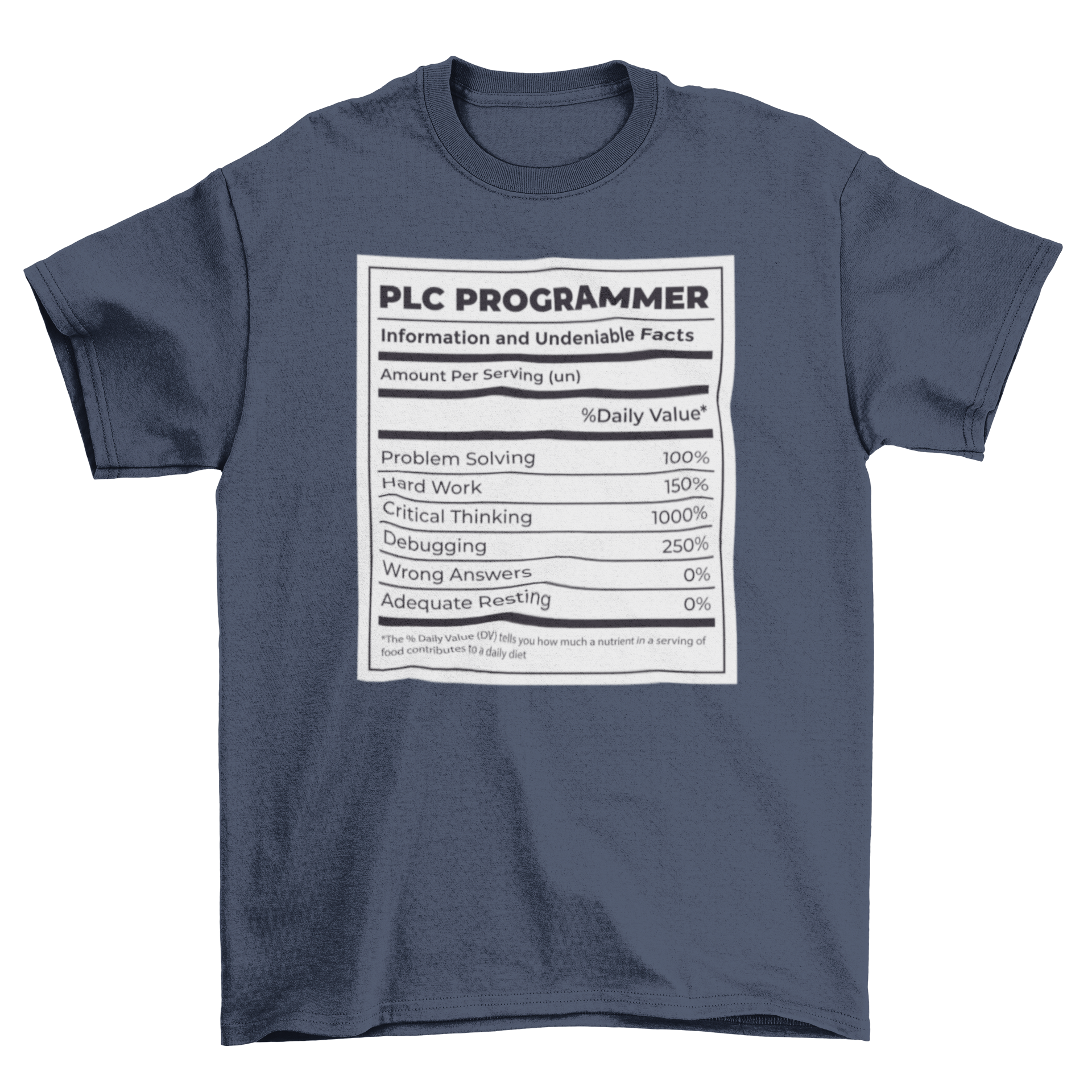 A humorous t-shirt featuring a nutrition facts label designed for PLC programmers, showcasing programming elements.