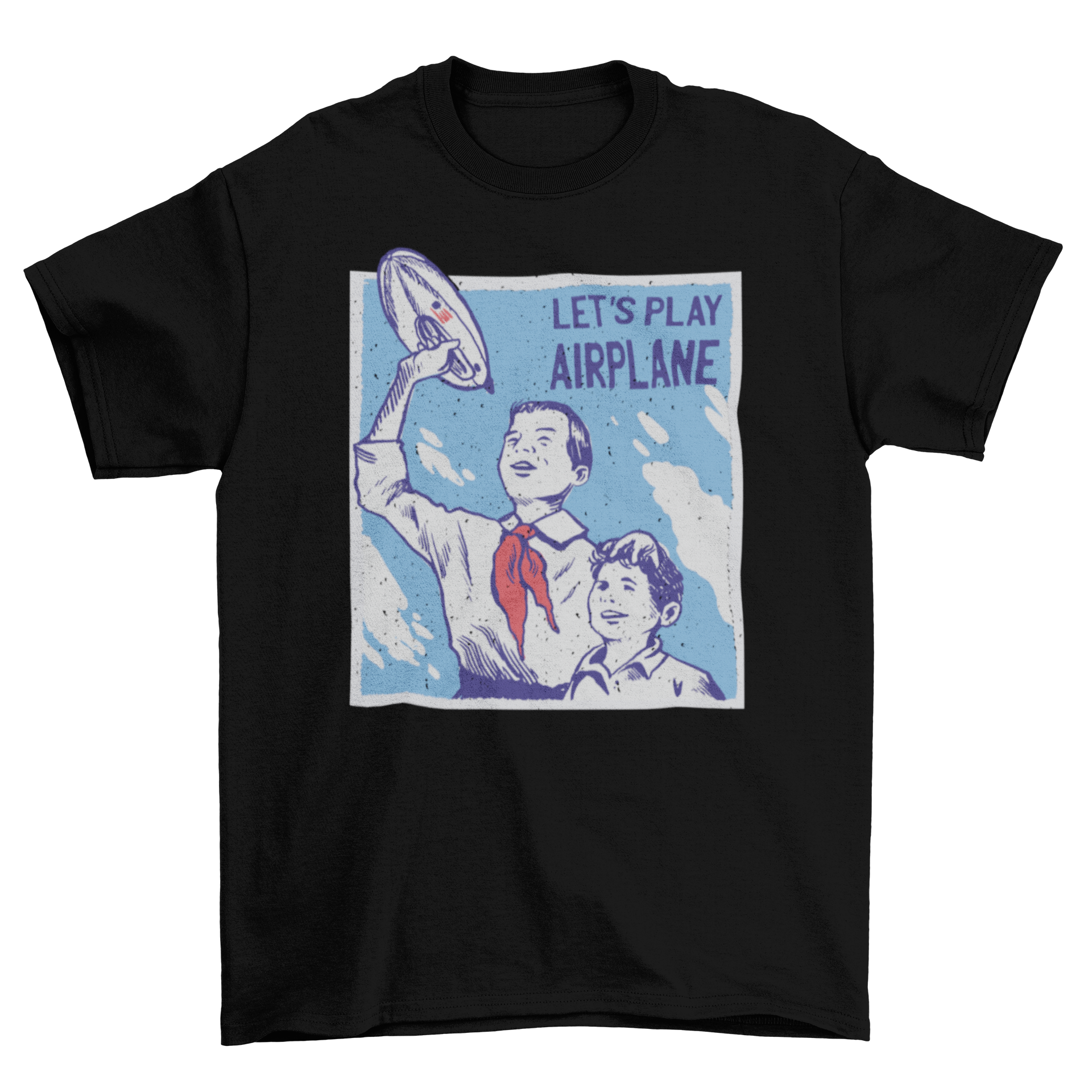 A vintage-style t-shirt featuring two kids playing with a zeppelin and the quote 'Let's play airplane'.