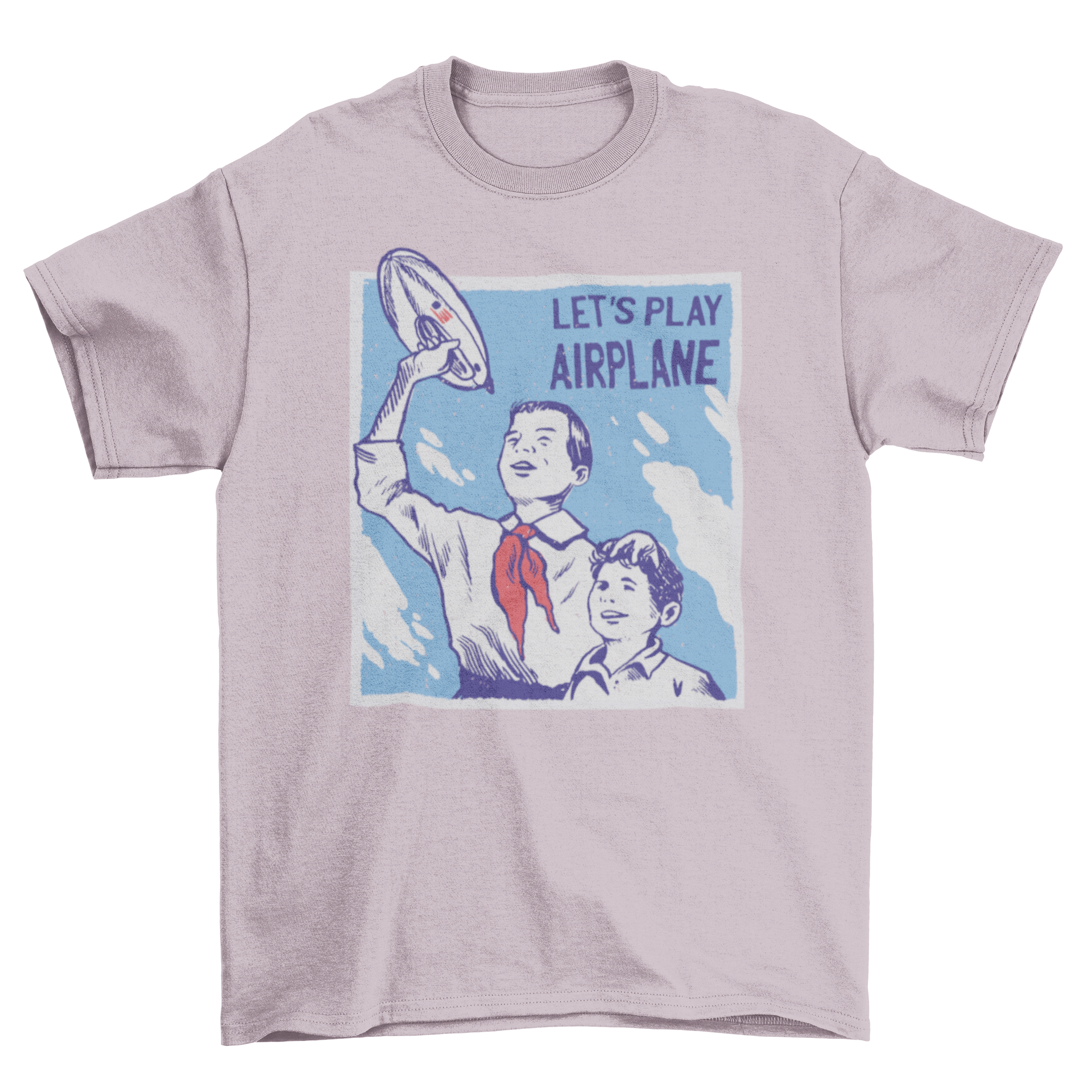 A vintage-style t-shirt featuring two kids playing with a zeppelin and the quote 'Let's play airplane'.