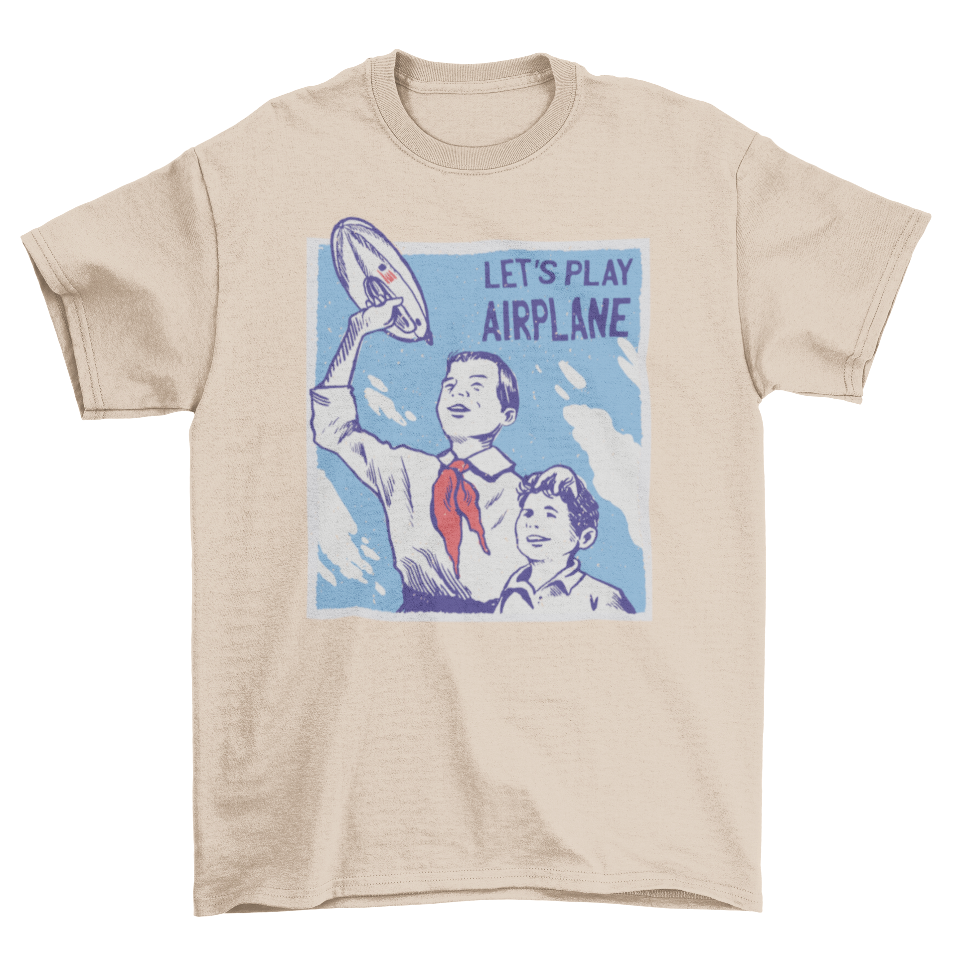 A vintage-style t-shirt featuring two kids playing with a zeppelin and the quote 'Let's play airplane'.