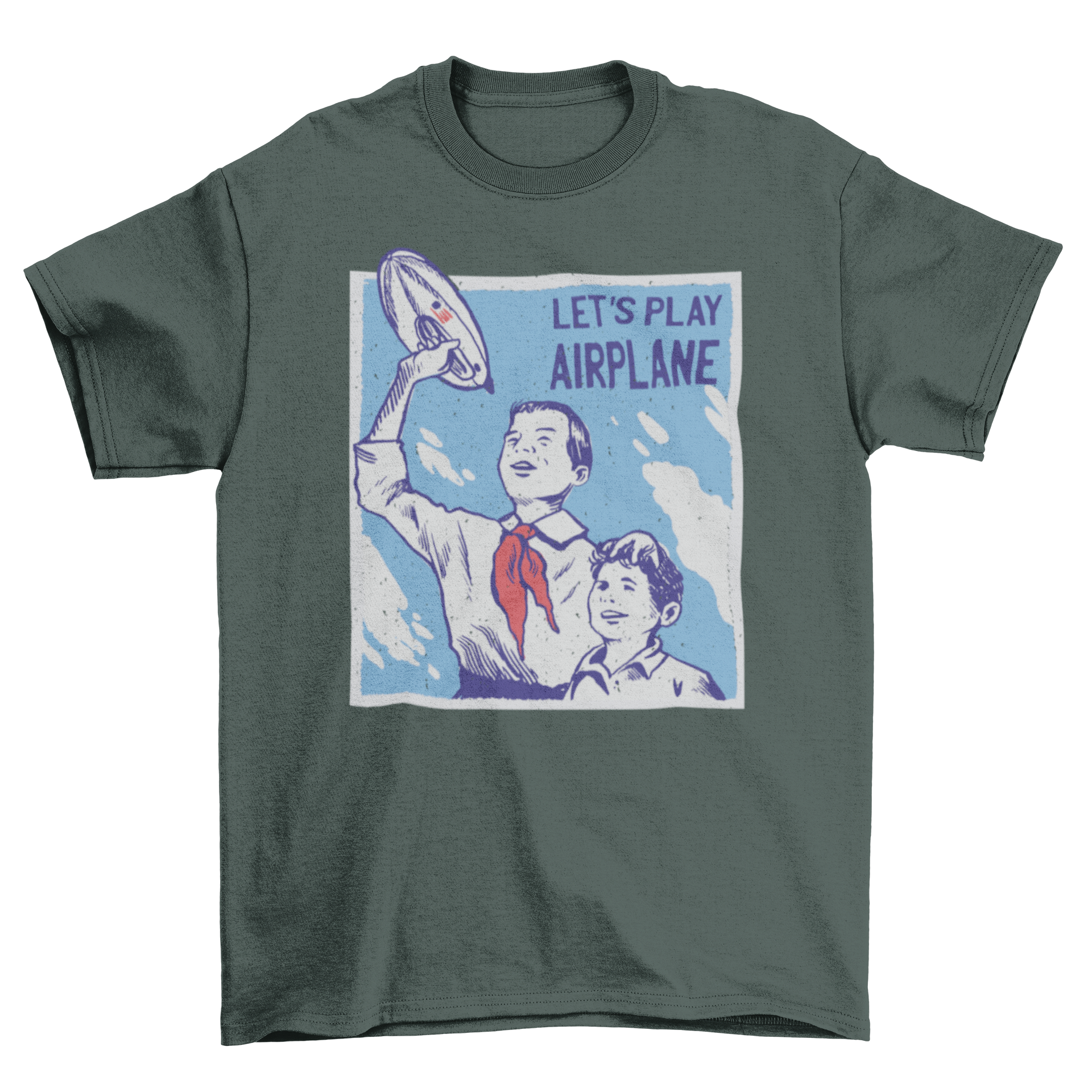 A vintage-style t-shirt featuring two kids playing with a zeppelin and the quote 'Let's play airplane'.