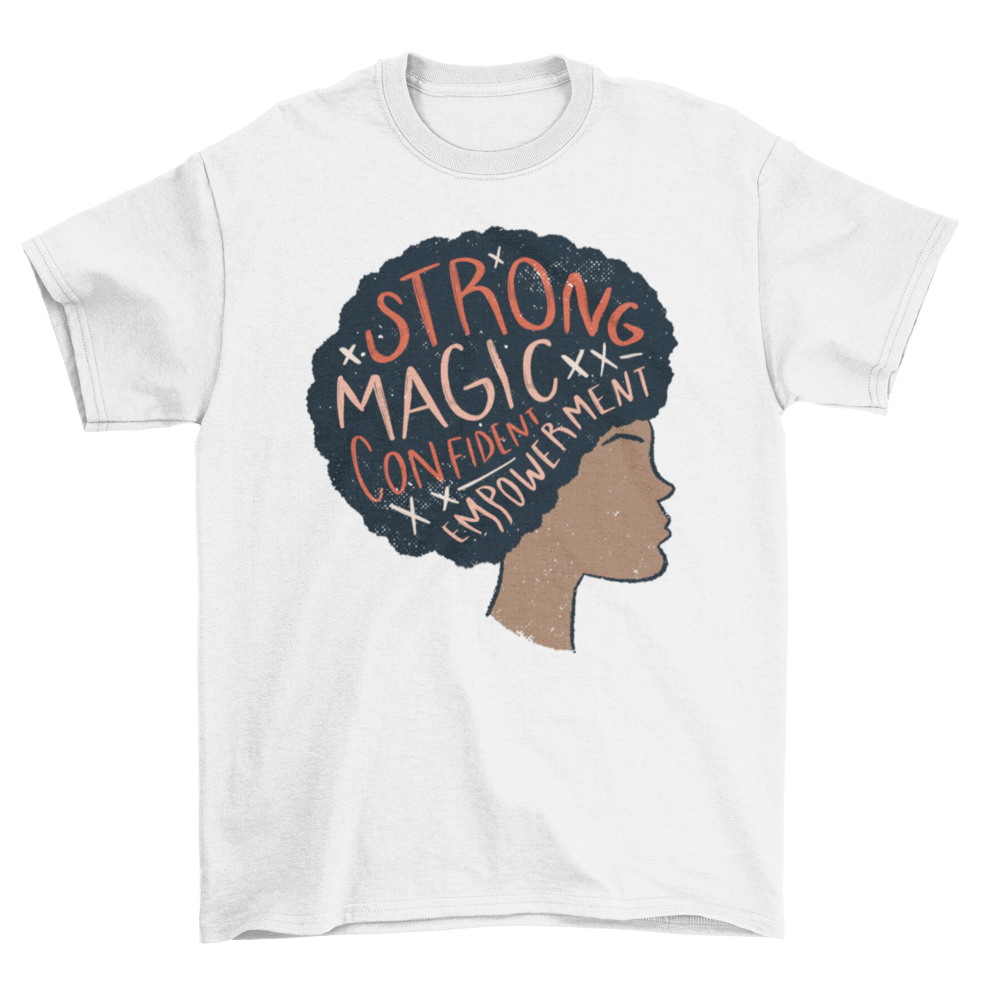 Proud Afro Woman Quote T-shirt featuring an illustration of a black afro woman with empowering words.