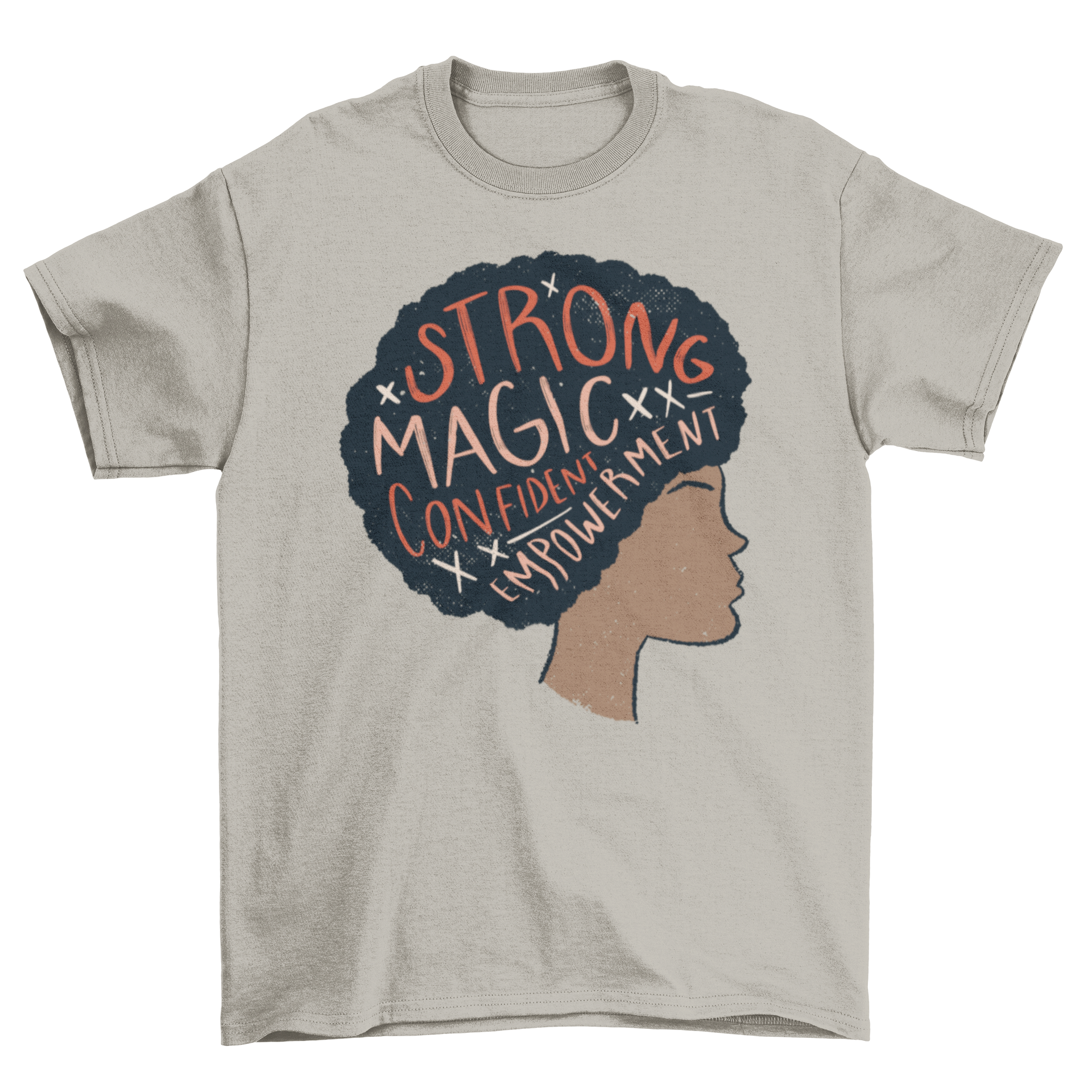 Proud Afro Woman Quote T-shirt featuring an illustration of a black afro woman with empowering words.