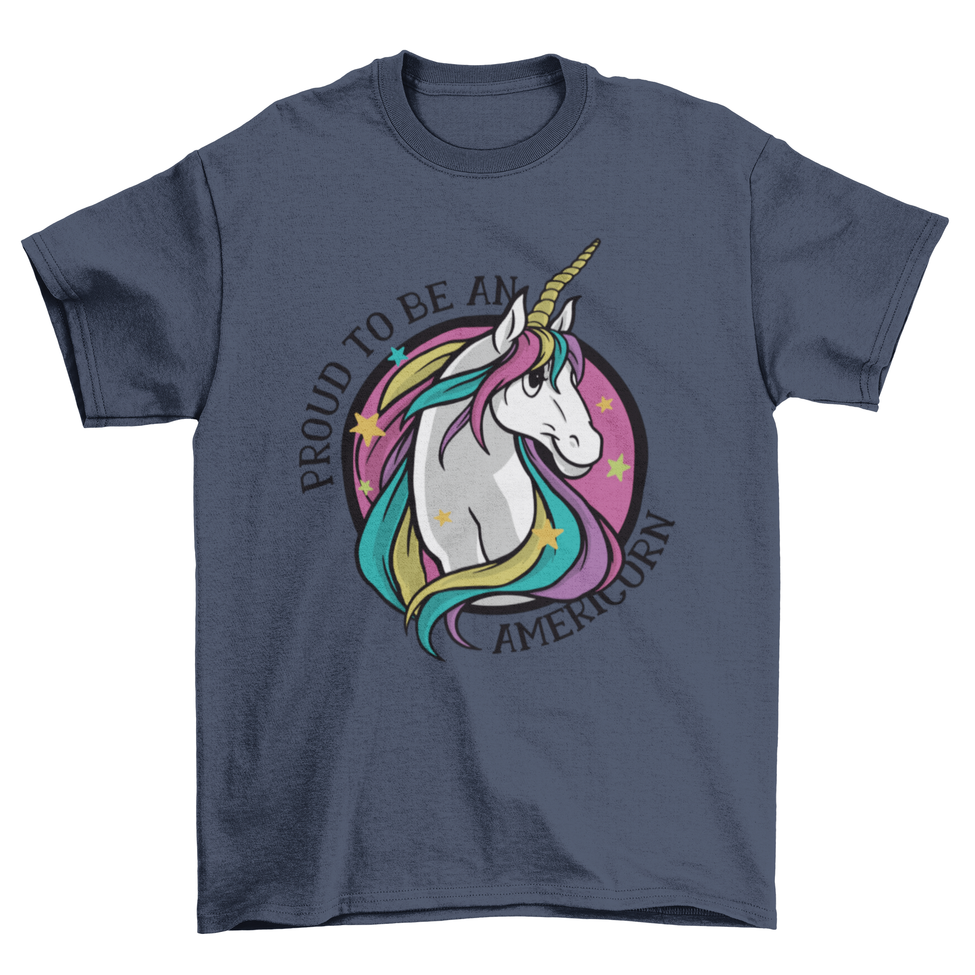 A colorful Proud Americorn T-shirt featuring a unicorn illustration and the caption 'Proud to be an Americorn'.