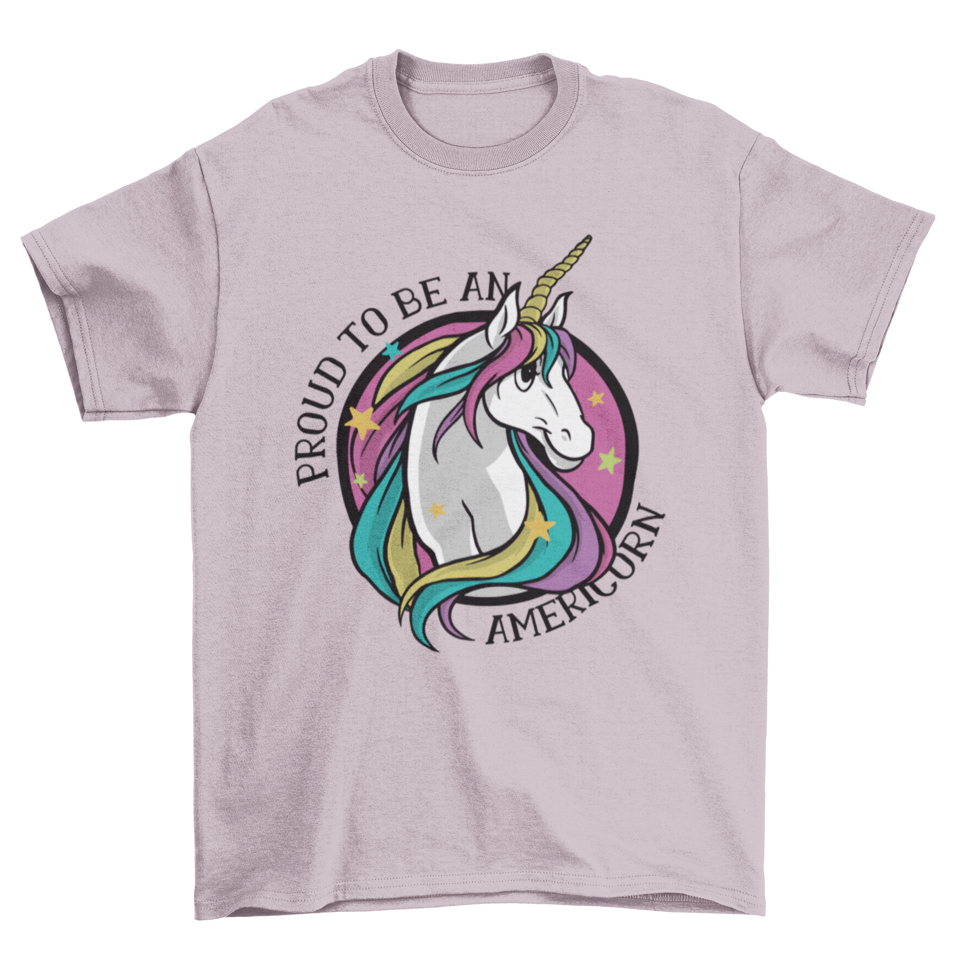 A colorful Proud Americorn T-shirt featuring a unicorn illustration and the caption 'Proud to be an Americorn'.