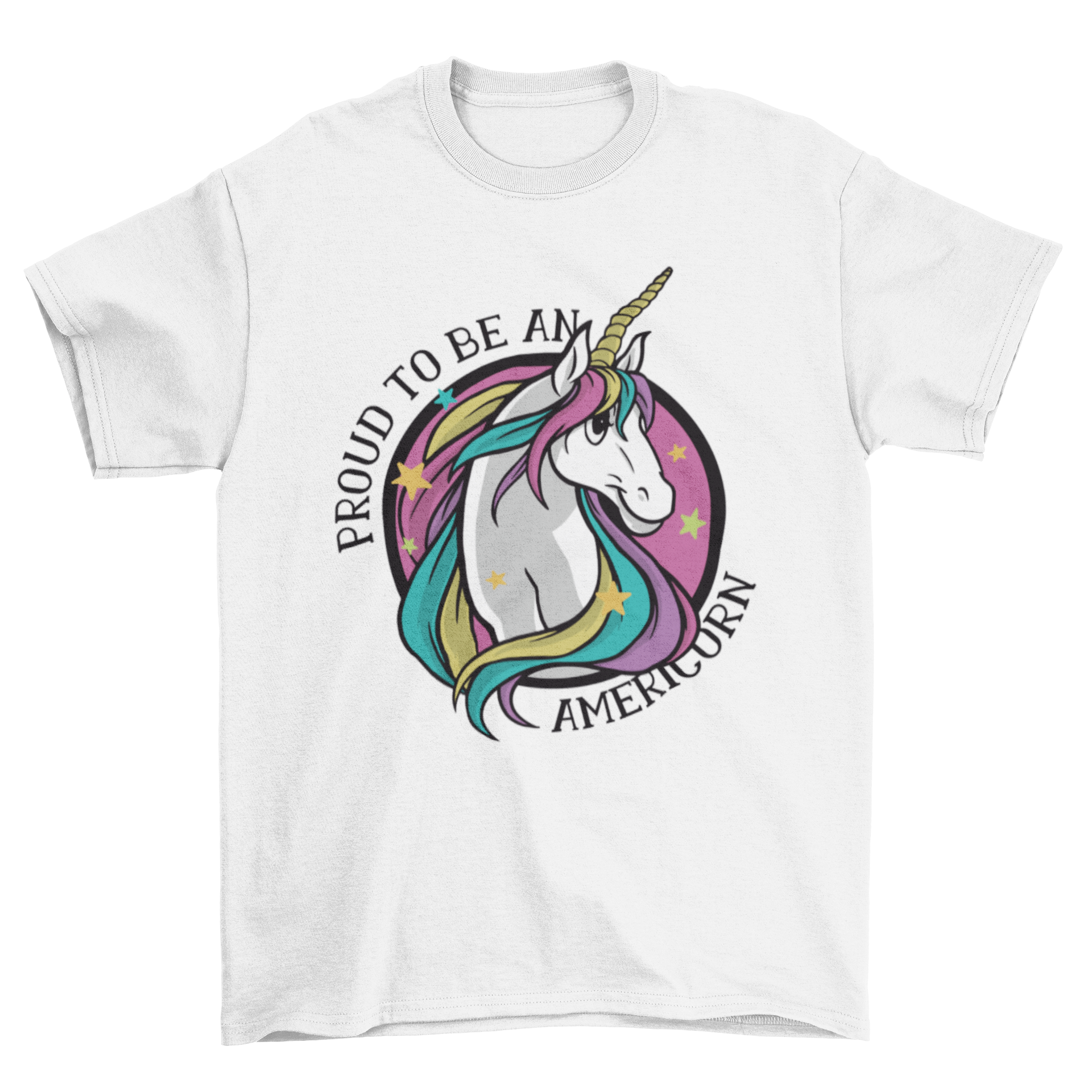 A colorful Proud Americorn T-shirt featuring a unicorn illustration and the caption 'Proud to be an Americorn'.