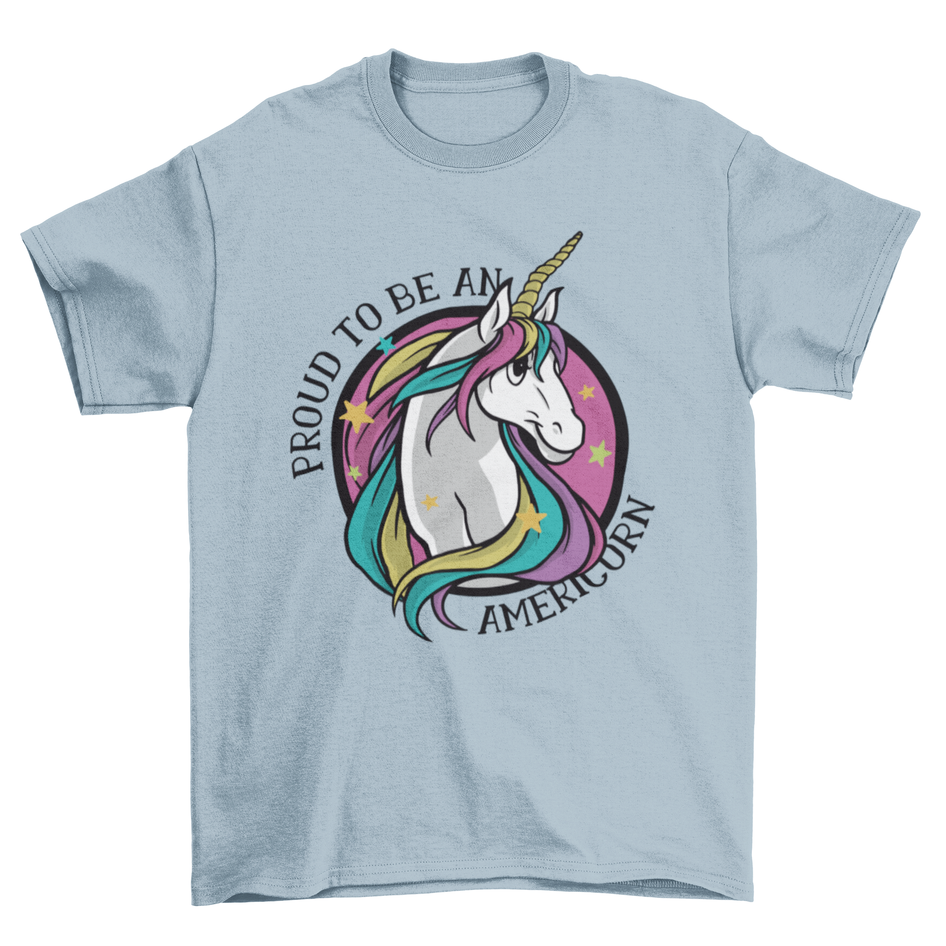 A colorful Proud Americorn T-shirt featuring a unicorn illustration and the caption 'Proud to be an Americorn'.