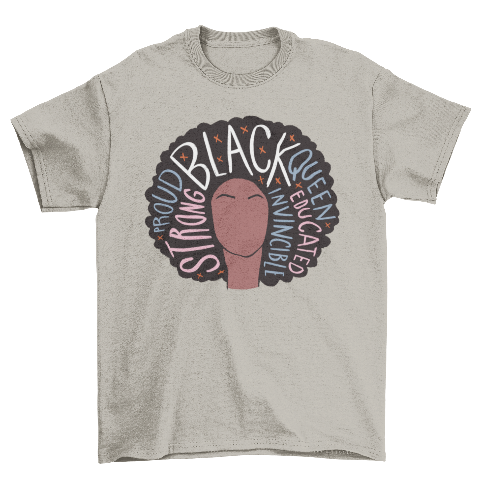 Proud Black Woman T-Shirt featuring an illustration of a black woman with inspiring words in her hair.